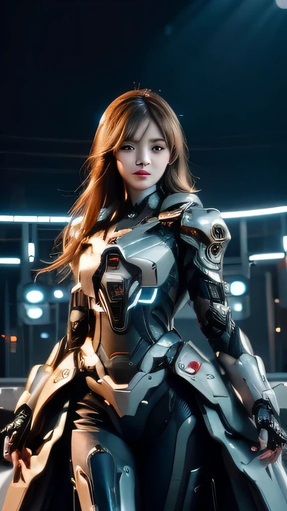 Cybernetic arm and glowing cyber girl, Stand on a post-apocalyptic battlefield cityscape.Surrounded by a network of wires. Surrounded by a web of circuits. (Cyber Girl with a submachine gun:1.3), Glossy light brown and orange striped shorthair,Cute smile,Perfect round face,Proper body proportion,masutepiece,Super high-quality output images,hight resolution,Intricate details,Very delicate and beautiful hair,photos realistic,Dreamy,Professional Lighting,realistic shadow,Solo Focus,Beautiful hands,Beautiful fingers,Detailed finger features,detailed clothes features,Detailed very long hair features rapunzel,detailed facial features, sit down. Full body, Woman standing in front of a group of robots, beautiful android woman, Storms and epic war scenes, Girl in suit, Complex fashion clothes, Beautiful Japan Woman、Highly detailed facial and skin texture、A detailed eye、double eyelid、Beautiful Female Soldier