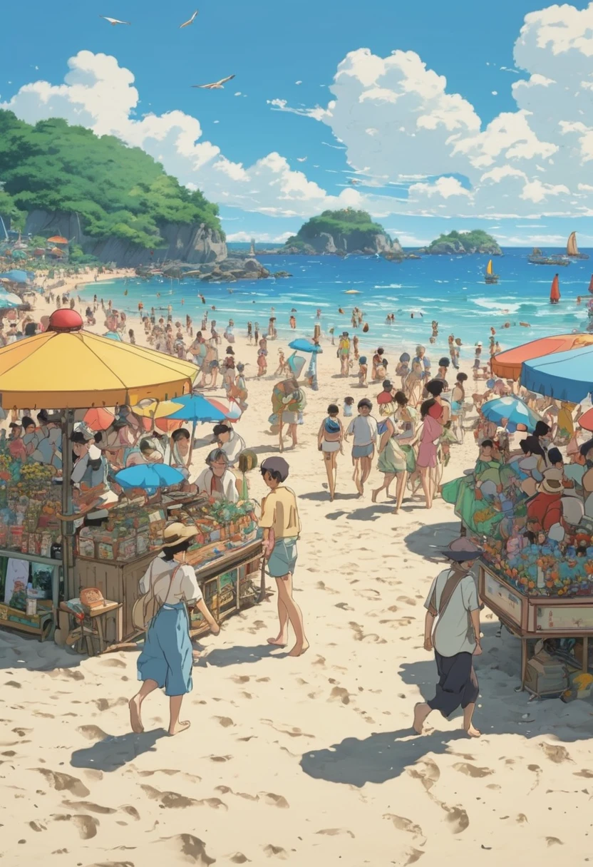 Summer festival beach, festival atmospher, by Studio Ghibli Style, Ghibli color, anime realism, best quality, masterpiece, 8k, Representative work, official art, Professional, Ultra intricate detailed