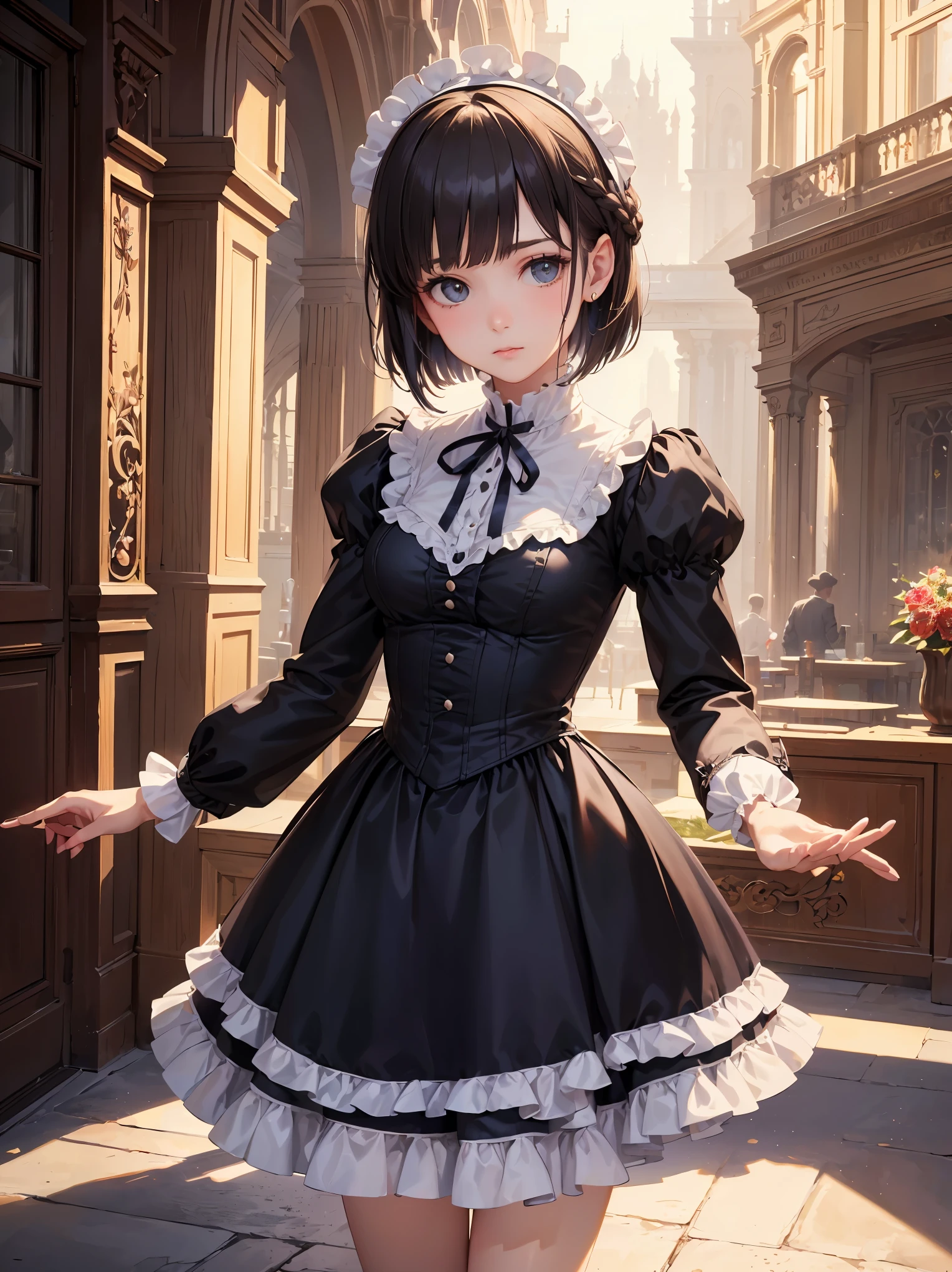 (highest quality、16K、masterpiece、ultra high resolution、Victorian era、Photoreal:1.2)、cowboy shot、One length bob cut braided hair clip with front drop、big ribbon、brand uniform cute、clear、 Tsundere、heroine attributes、artistic shadow