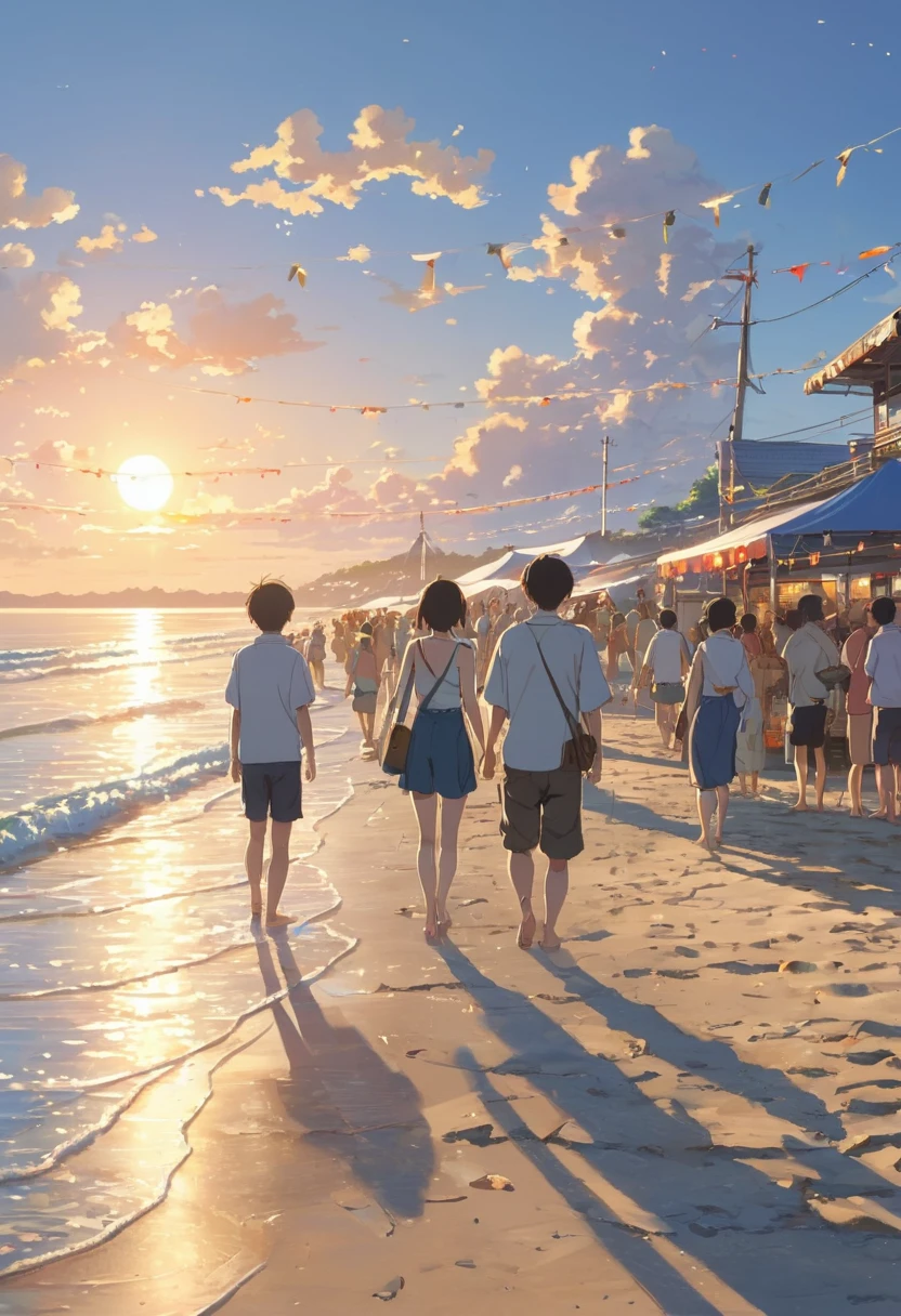 Summer festival beach, festival atmospher, by Makoto Shinkai, anime realism, best quality, masterpiece, 8k, Representative work, official art, Professional, Ultra intricate detailed