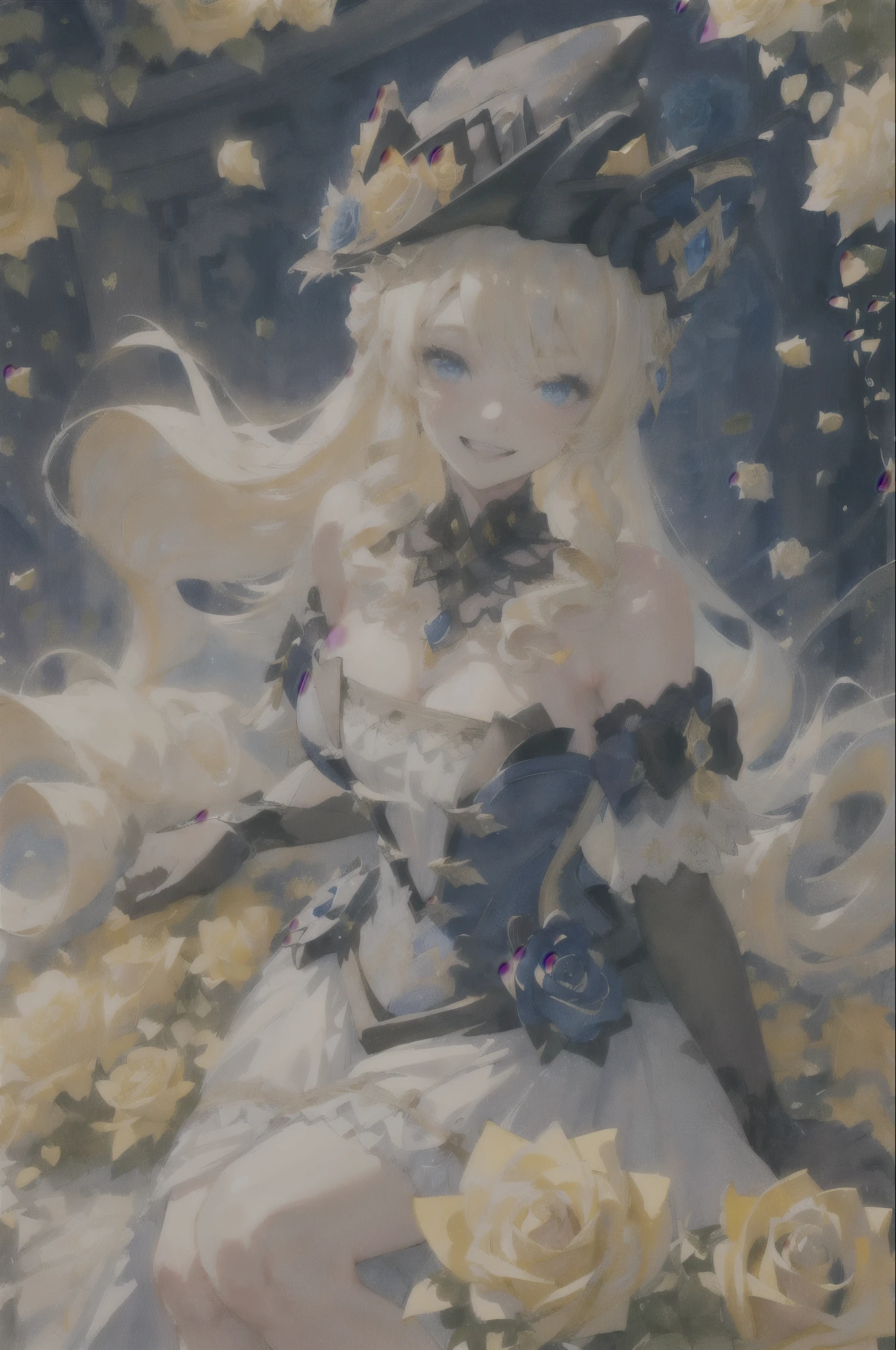 ung woman solo, blond hair, blue eyes, black hat, blond curls, bare shoulders, dark blue and white corset top, black gloves with lace and yellow bows, happy smile, (((surrounded by many roses))) watercolor, beautiful young lady, watercolor art, hires, detailed, ((bright saturated colors))