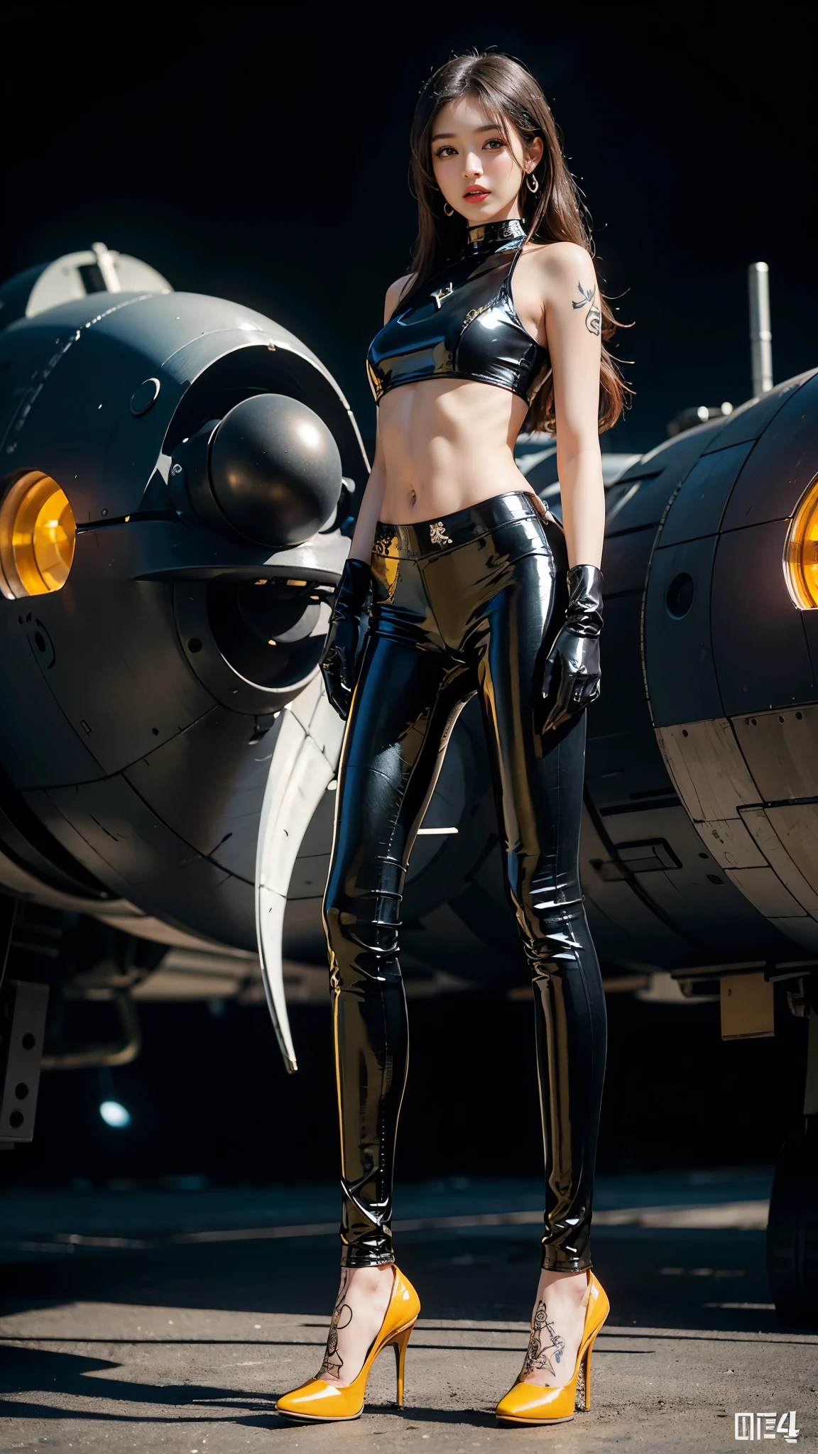 ((masterpiece:1.4)、(highest quality:1.4)、(realistic:1.7))、master piece:1.4、(Finest rendering:1.4)、(Kaoru, the beautiful navigator of Space Battleship Fuji:1.4)、Super beautiful航海士Kaoru、(Written by Luis Royo:1.4)、(Uniforms that highlight your beautiful style:1.2)、(Futuristic sci-fi battle fashion:1.2)、(street style wear)、(tight fit pants)、(Luxurious shiny latex:1.4)、(luxury yellow latex:1.4)、19 years old、(cute tattoo:1.4)、(wearing yellow gloves)、cute girl、Super beautiful、(seductive pose)、sharp focus、portrait photography:1.4、8k、realistic photo images:1.4、(perfect female body:1.4)、perfect proportions、(standing:1.4)、(full body photography:1.4)、beautiful face、fearless look、beautiful eyes、(A girl with a beautiful body that emphasizes her slender abdominal muscles)、narrow waist、(9 life size beautiful style girl)、(Beautiful girl with long legs and good style:1.4)、beautiful feet、(long hair:1.2)、dark makeup、eye shadow、Glow eye、glow lip、beautiful breasts、big breasts:1.2、sexy butt、(standing facing forward:1.4)、Raw photo、red lips、Yellow high heels:1.4、choker:1.4、necklace:1.4、earrings:1.4、1 screen display、Space battleship Fuji bridge:1.2
