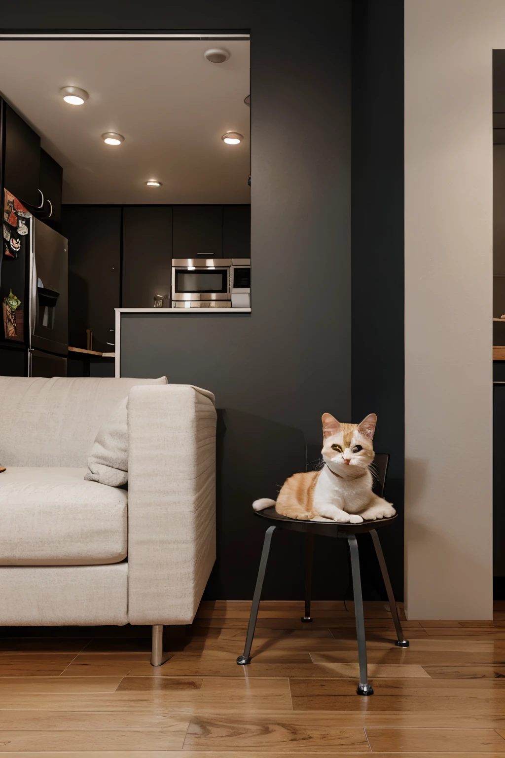 3D cat animal illustration under a steel chair into an apartment