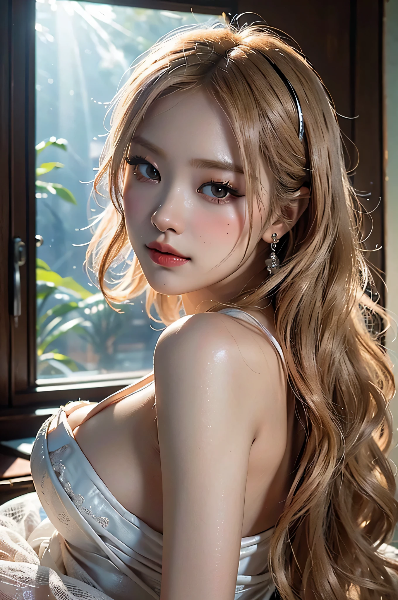 (highest image quality), (masterpiece), (vibrant, photography realistic, Realistic, Dramatic, Dark, Sharp focus, 8K), Highly detailed face and skin texture, sexy wedding dress, ethereal beauty, mature asian woman,blonde long hair, make up, sexy smile, nsfw ,Close up shot, ((backlight)), dinamic pose, masterpiece style
