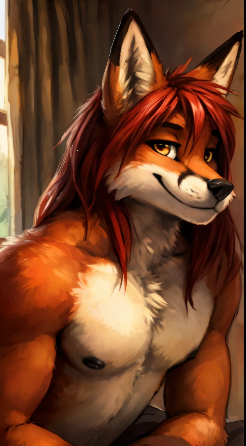 ((masterpiece, best quality)), (anthro furry:1.3, snout:1.2, anthro:1.3, furry:1.2, closeup:1.2, solo male:1.2, neckline, leaning forward, smile, red, sexy face,  very muscular:1.2, biceps, pectoral muscle:1.5,nude), full body, Long hair, red hair, fox, yellow eyes, by Zackary911, Kenket, Kilinah, Zackary911, black nipples, bedroom