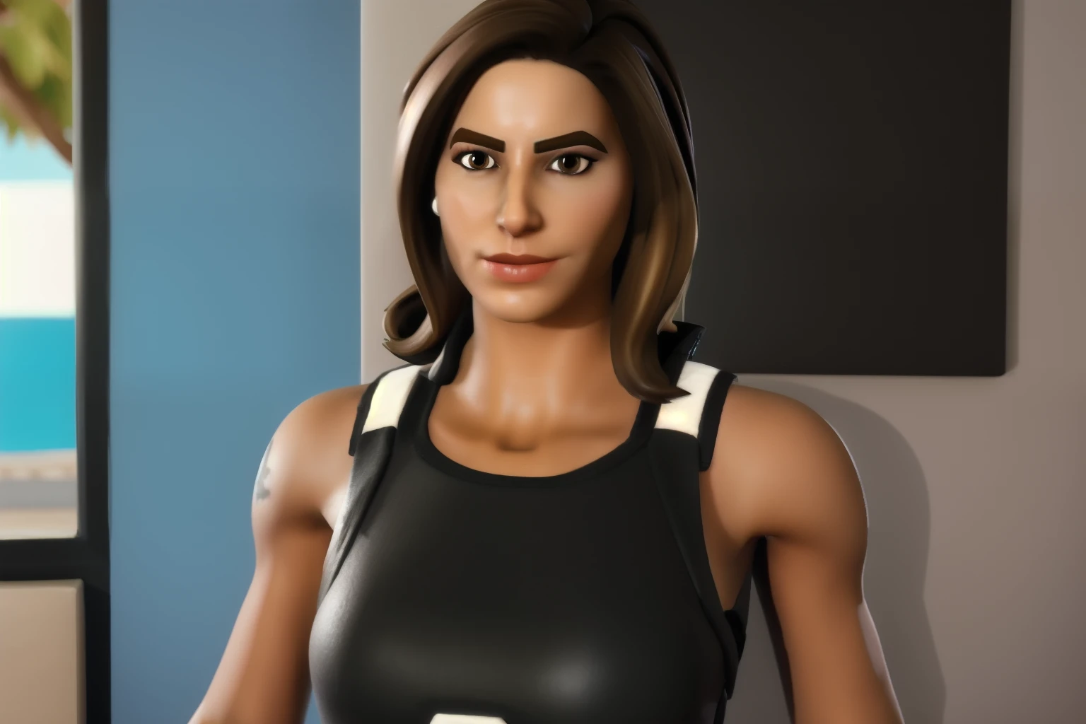 (fortnite), 1 chica, femenino, Coffee Fund, Mirando al espectador,cuerpo completo, pelo negro, ojos grandes, ojos cafes, realistic epic, hiperdetallado, (ciclos render:1.3), caustics, (Lustroso:0.58), (art station:0.82)