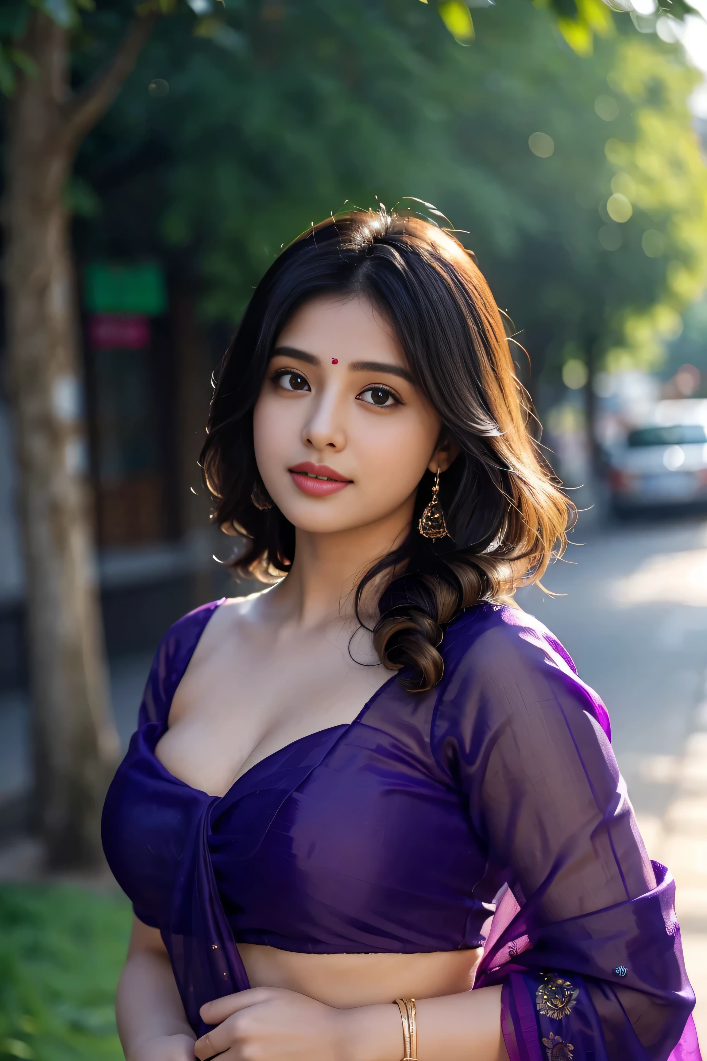 (((desi girl))), chubby face, natural skin, wearing purple saree, cleavage, charming black hair, ((hair ends are blonde)), greenary village background, bokeh, Indian beautiful face
