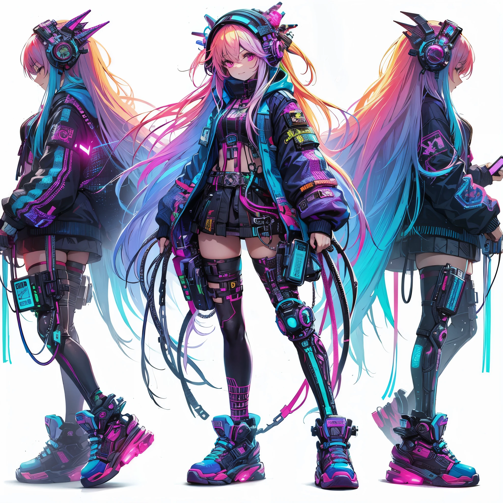 (masterpiece, Best Quality), (Perfect athlete body:1.2), (detailed hairs), Ultra-detailed, Anime style, Full body, Cyberpunk hacker girl, very colorful neon hair, full body neon light tattoo, dressed in cyberpunk wear and cyber headgear, holding a high-tech mobile device, wearing high tech sneakers, standing in a wasteland, 8k high resolution, white background, whole-body, full-length view, bad smile