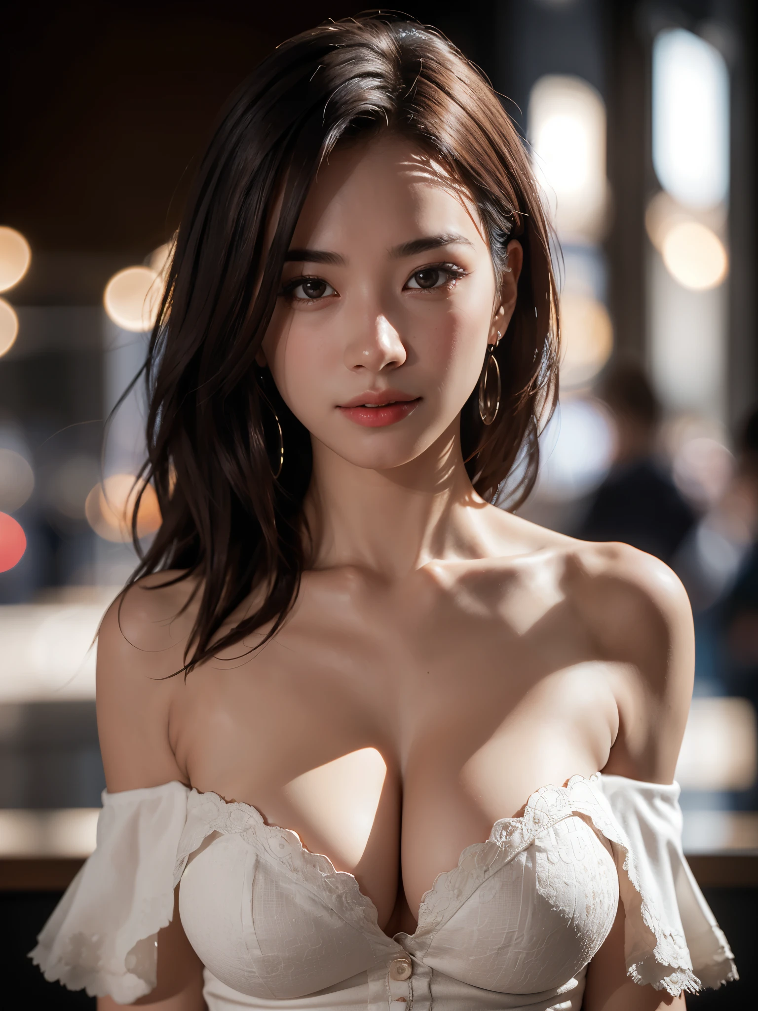 1girl, bare_shoulders, blurry, blurry_background, bokeh, breasts, brown_eyes, brown_hair, cleavage, collarbone, depth_of_field, indoors, large_breasts, lens_flare, lips, long_hair, looking_at_viewer, off_shoulder, pov, realistic, solo