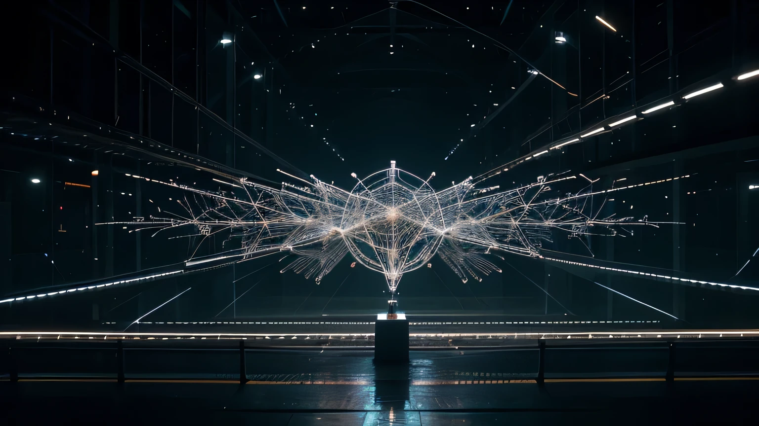 The essence of Prompt Engineering in AI depicted through a complex network of interconnected nodes and pathways, each representing a carefully crafted query or instruction, illuminated by streams of data flowing with purpose and precision, Sculpture, intricate wireframe sculpture with LED lighting,