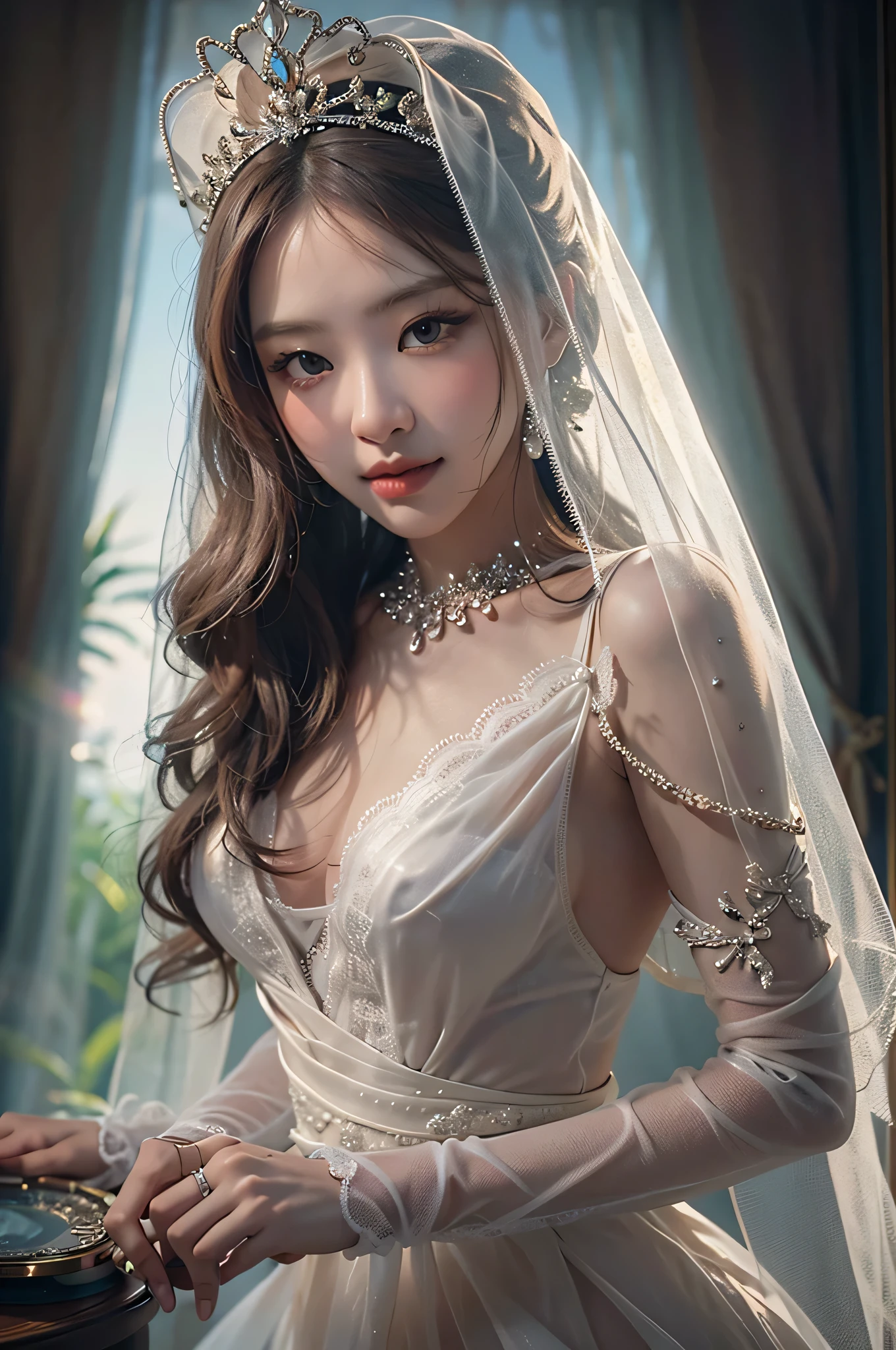 (highest image quality), (masterpiece), (vibrant, photography realistic, Realistic, Dramatic, Dark, Sharp focus, 8K), Highly detailed face and skin texture, sexy wedding dress, ethereal beauty, mature asian woman,blonde long hair, make up, sexy smile, nsfw ,Close up shot, ((backlight)), dinamic pose, masterpiece style