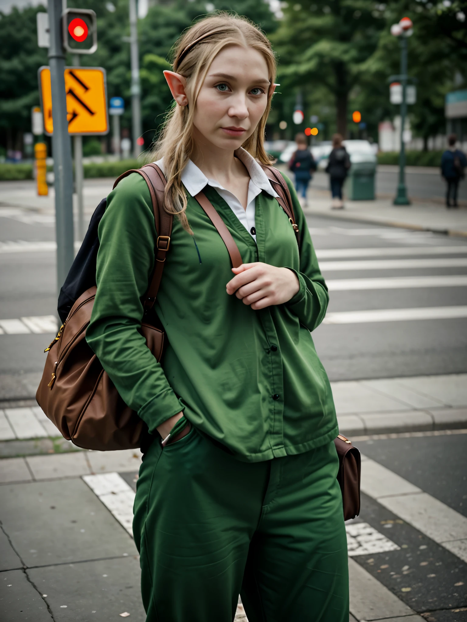 Human realistic Elf waiting for the bus.