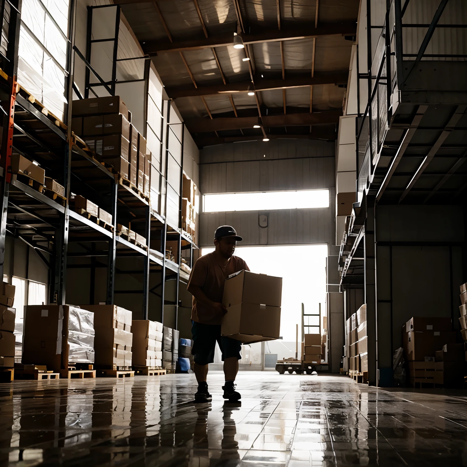 Worker pushing in warehouse