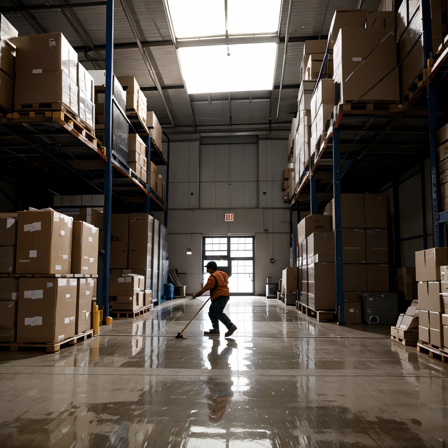 Worker pushing in warehouse