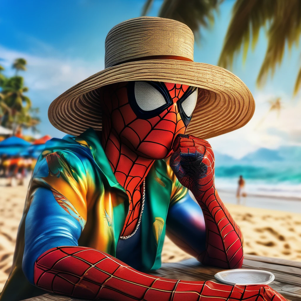 beach parties, aesthetic, extremely detailed, Spiderman, straw hat in the head, drinking a cocktail, sitting in the beach, coconut trees, waves, sands, Hyperrealistic, splash art, concept art, mid shot, intricately detailed, color depth, dramatic, 2/3 face angle, side light, colorful background, (best quality, 4k, 8k, highres, masterpiece:1.2), ultra-detailed, (realistic, photorealistic, photo-realistic:1.37), HDR, UHD, studio lighting, extreme detail description, professional, vivid colors, bokeh, beach, portraits, landscape