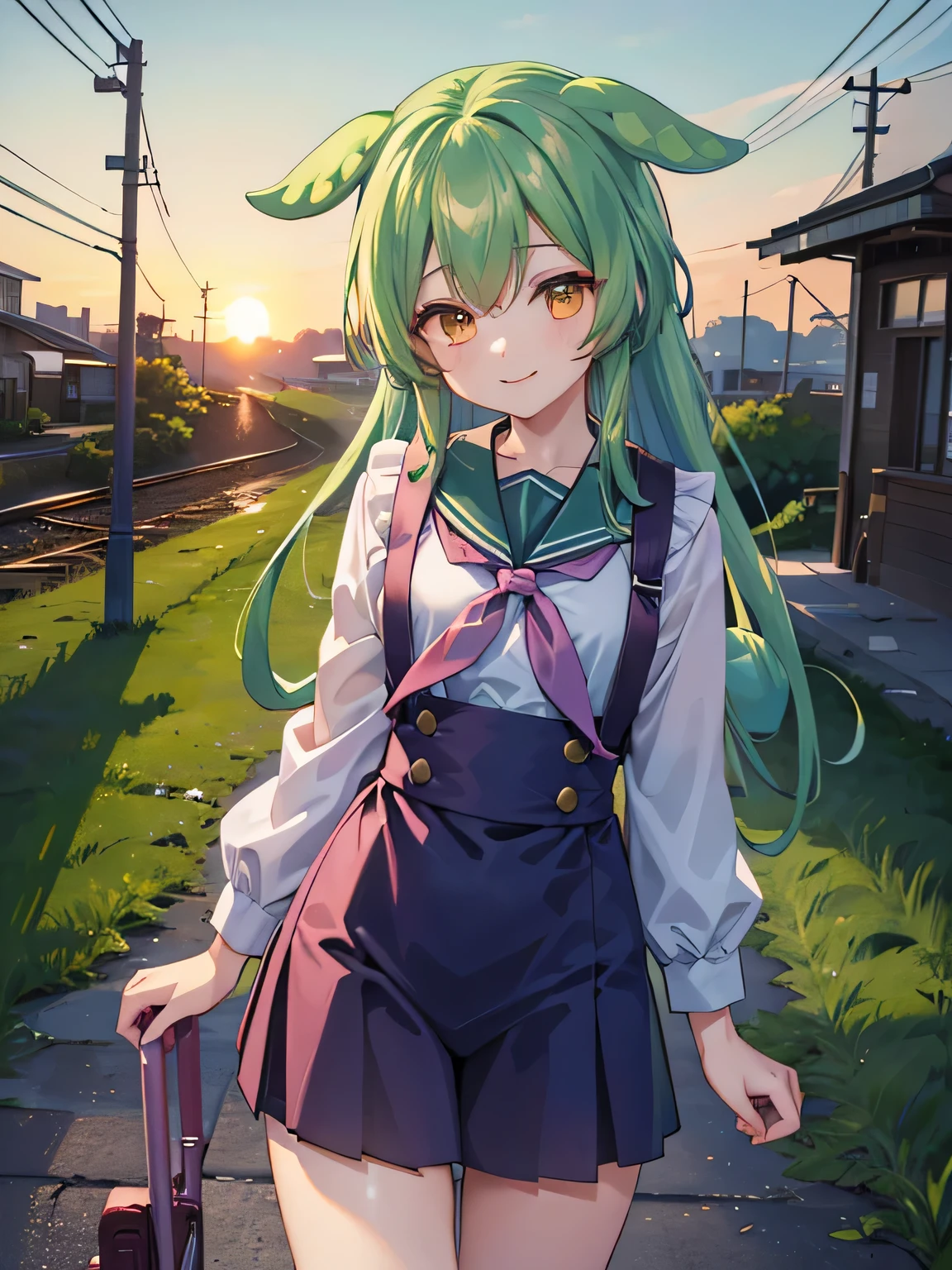 ((highest quality)),(超A high resolution),(Super detailed),(detailed description),((best CG)),(best work of art),super precision art,great drawing art, (sunset:1.3),(sunset空:1.3), 1 :1.5),dark green hair,eyes are yellow,stand by the railroad crossing,sailor suit:1.5,look at me and smile:1.3