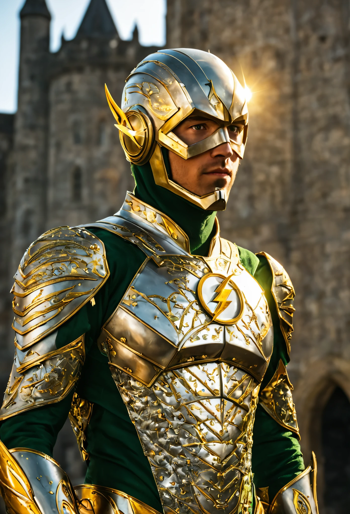 The Flash with green pupils, confident expression, wearing beautiful silver armor with golden patterns all over the armor, exuding a dark yellow glow, In the background, a medieval castle