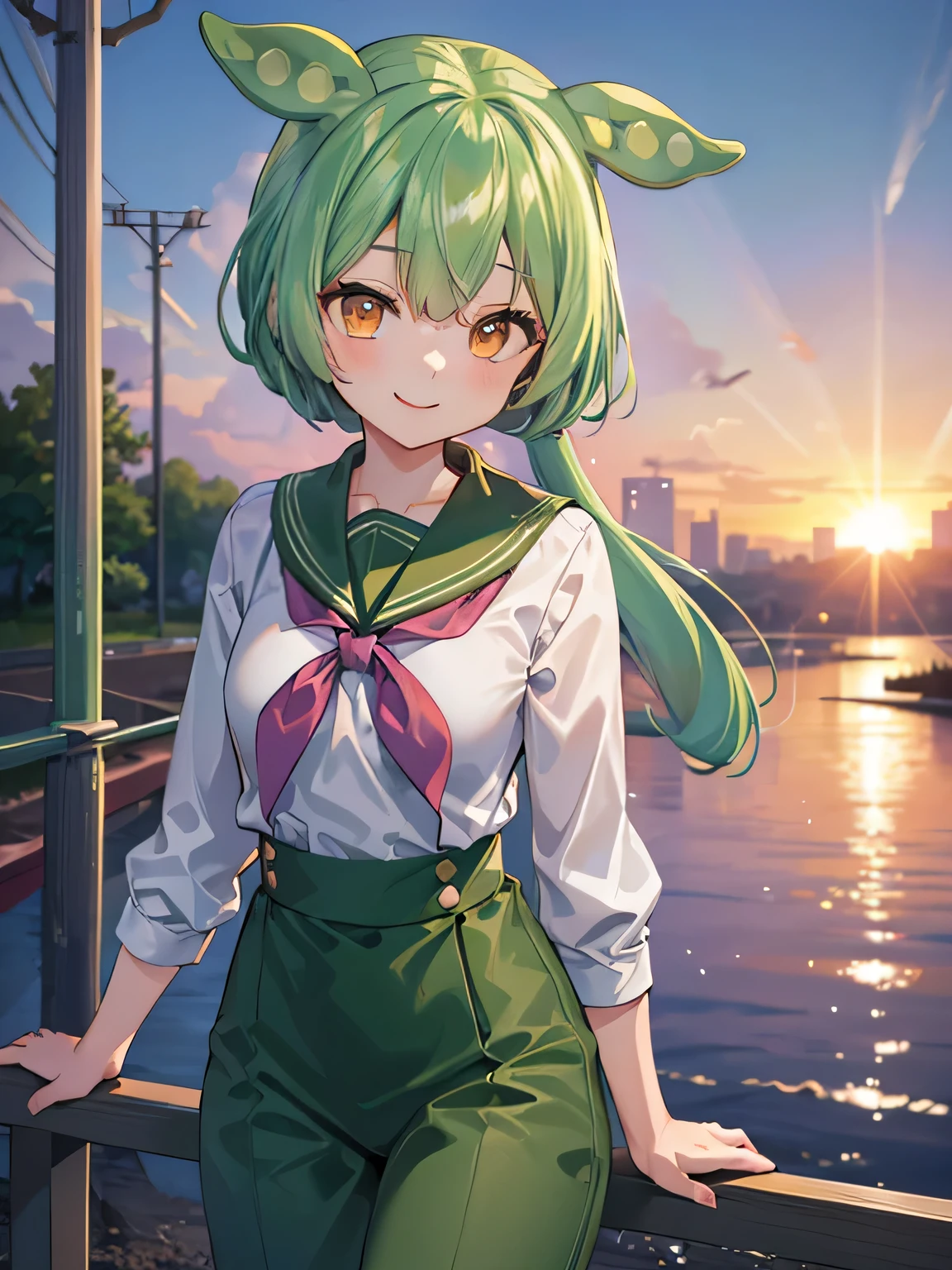 ((highest quality)),(超A high resolution),(Super detailed),(detailed description),((best CG)),(best work of art),super precision art,great drawing art, (sunset:1.3),(sunset空:1.3), 1 :1.5),dark green hair,eyes are yellow,stand by the railroad crossing,sailor suit:1.5,look at me and smile:1.3