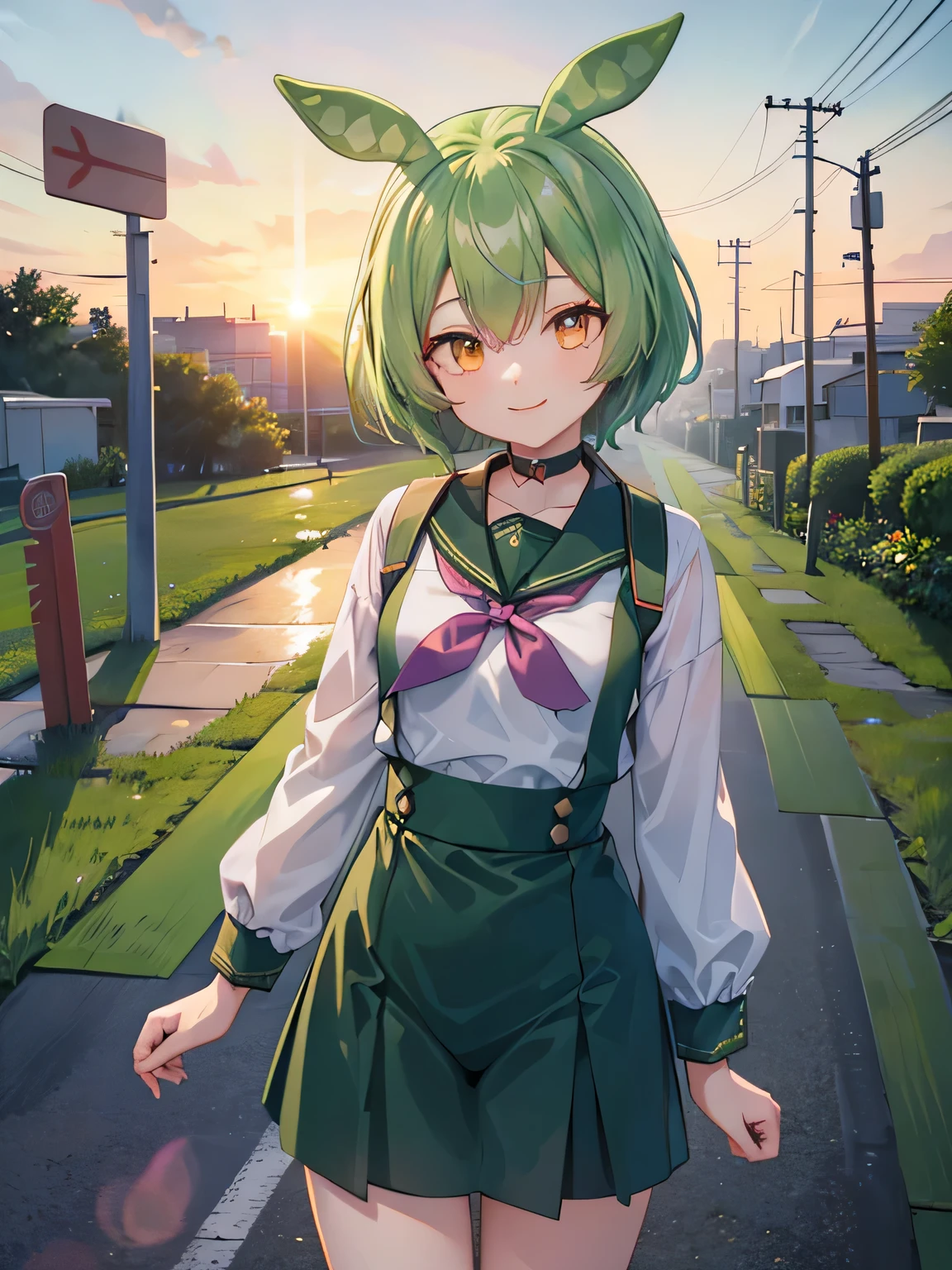 ((highest quality)),(超A high resolution),(Super detailed),(detailed description),((best CG)),(best work of art),super precision art,great drawing art, (sunset:1.3),(sunset空:1.3), 1 :1.5),dark green hair,eyes are yellow,stand by the railroad crossing,sailor suit:1.5,look at me and smile:1.3