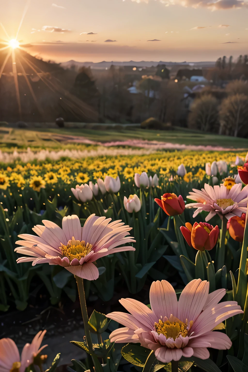 create an image of spring flowers against the backdrop of the rising spring sun