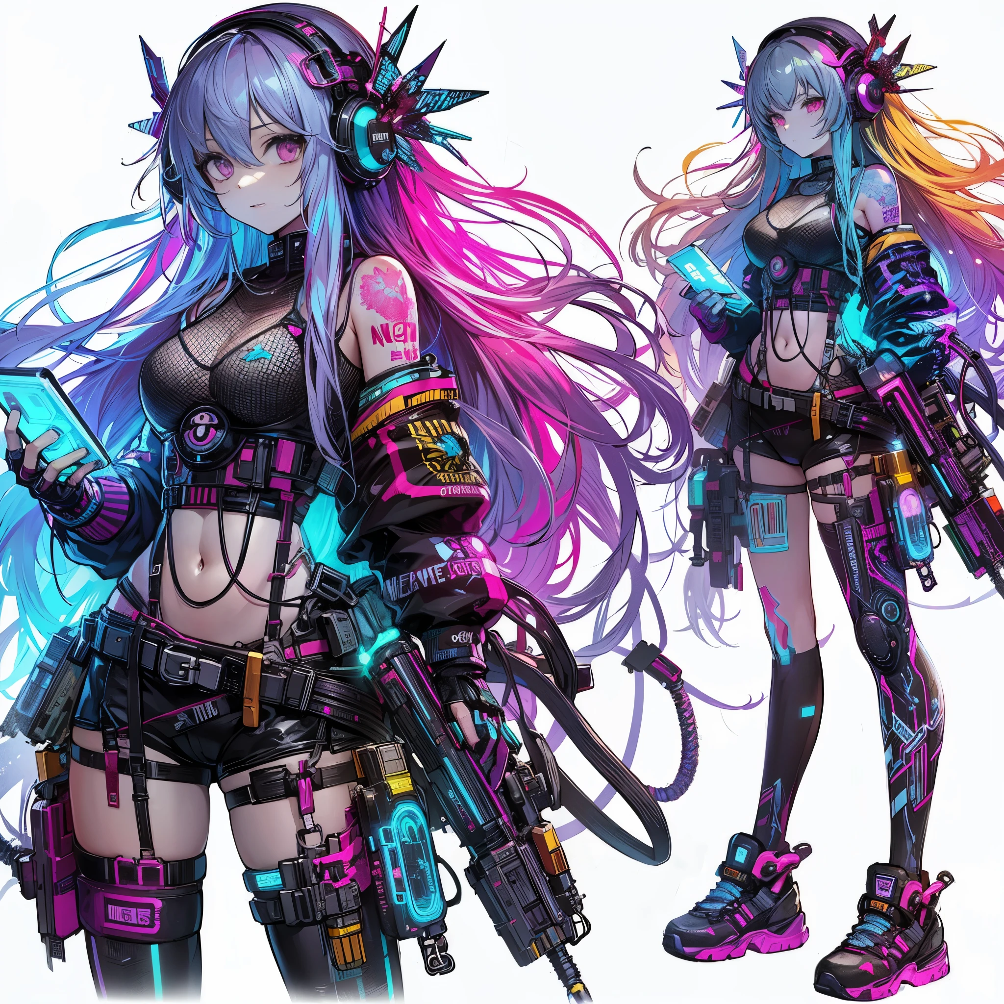 (masterpiece, Best Quality), (Perfect athlete body:1.2), (detailed hairs), Ultra-detailed, Anime style, Full body, Cyberpunk hacker girl, very colorful neon hair, full body neon light tattoo, dressed in cyberpunk wear and cyber headgear, holding a high-tech mobile device, wearing high tech sneakers, standing in a wasteland, 8k high resolution, white background, whole-body, full-length view,