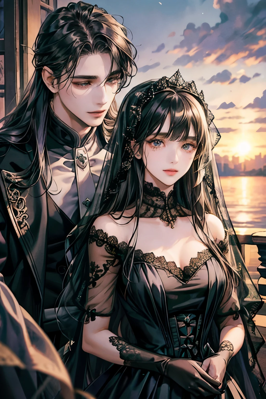 Ocean、droopy eyes、brown eyelids on face、smile、 female、Woman in black dress、((long hair girl))、woman with bangs、detailed face、((best image quality))、mole、gloves、lace purple dress、veil、Ocean辺、Black and purple clothes、1 woman、alone、hair arrangement