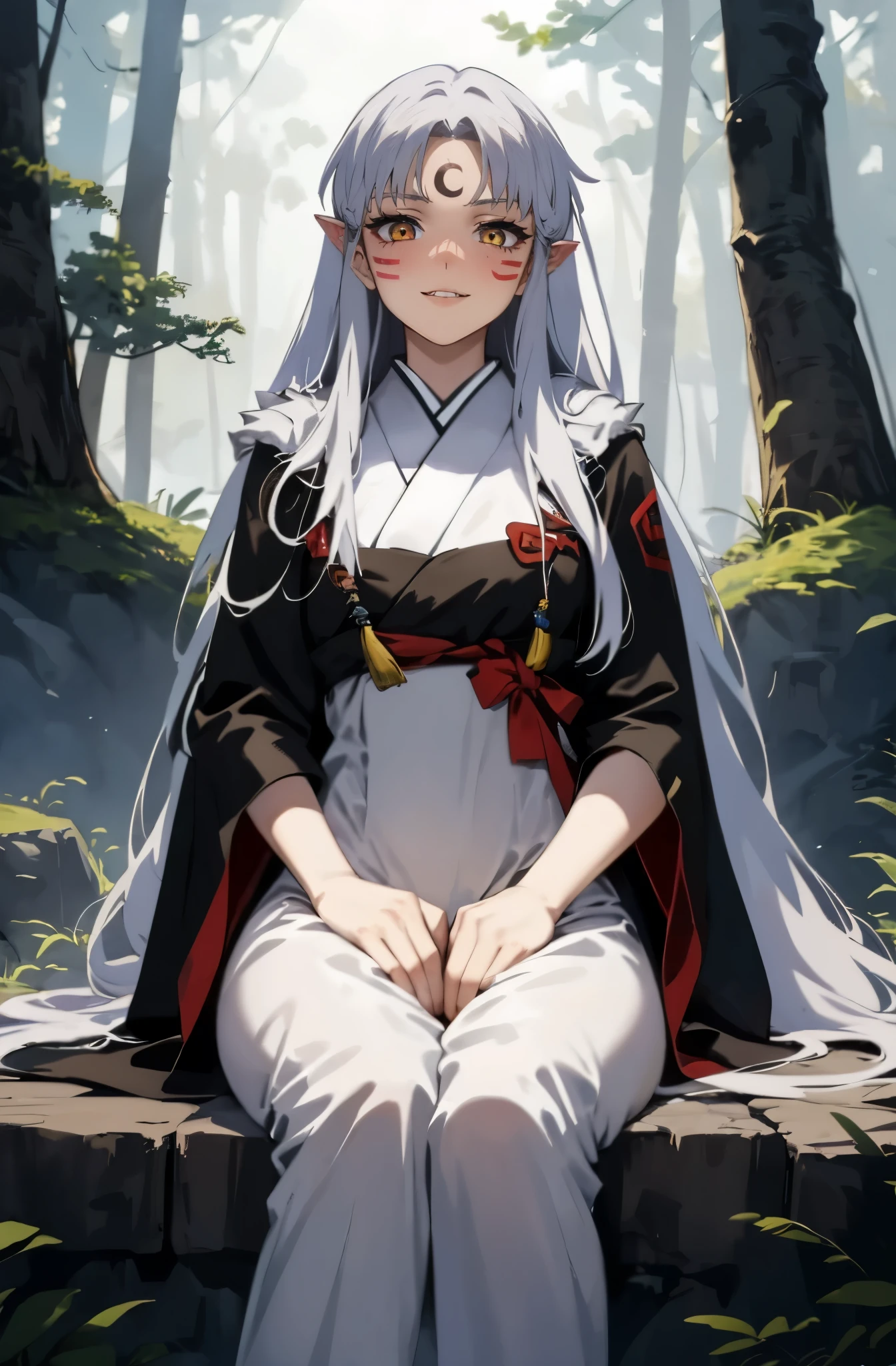 sesshoumaruIY, sesshoumaru, yellow eyes, white hair, long hair, red facial mark, forehead mark, (fur trim), parted bangs, pointy ears, pale skin, mature female, anatomically correct, Anime girl with silver hair sitting on a rock in the forest, Guviz-style artwork, guweiz, 《hegemon》Satya in, clean and meticulous anime art, destiny anime style/spend the night with, guweiz on pixiv artstation, guweiz on artstation pixiv, gothic maiden anime girl, High quality anime art style, crotch cutout, crotchless, no panties, pussy, golden eyes, hollow eyes, lips, smirk, upper teeth, steaming face, glowing eyes, blush face, red facial mark, forehead mark,
