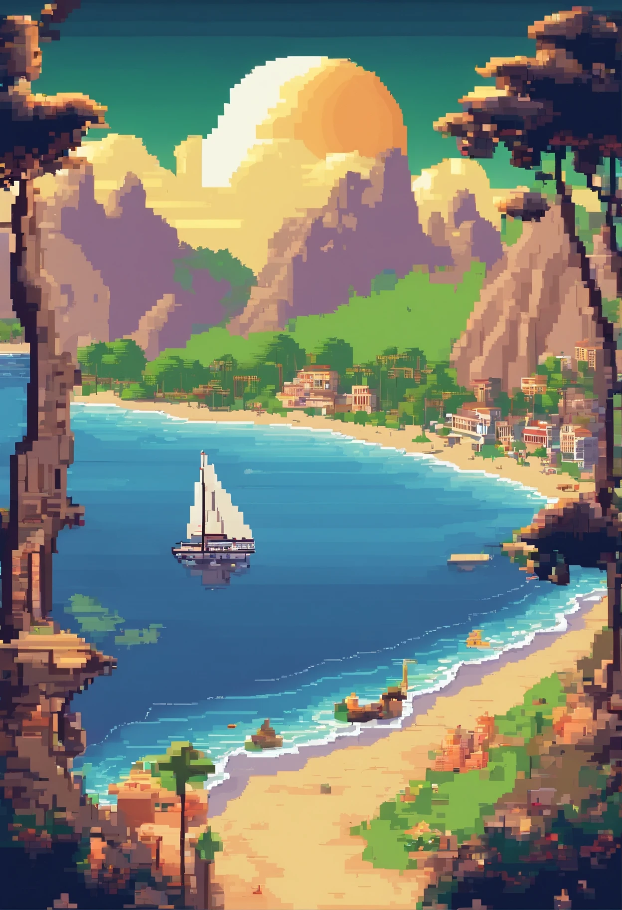 Landscape of the tourist destination Pixel Art. Noite. Pixel Art 3D Papel de parede 4K. Amazing pixel art details. Pixel Art. Ondas de vapor. Pixel Art detalhado do mecanismo irreal do brasil