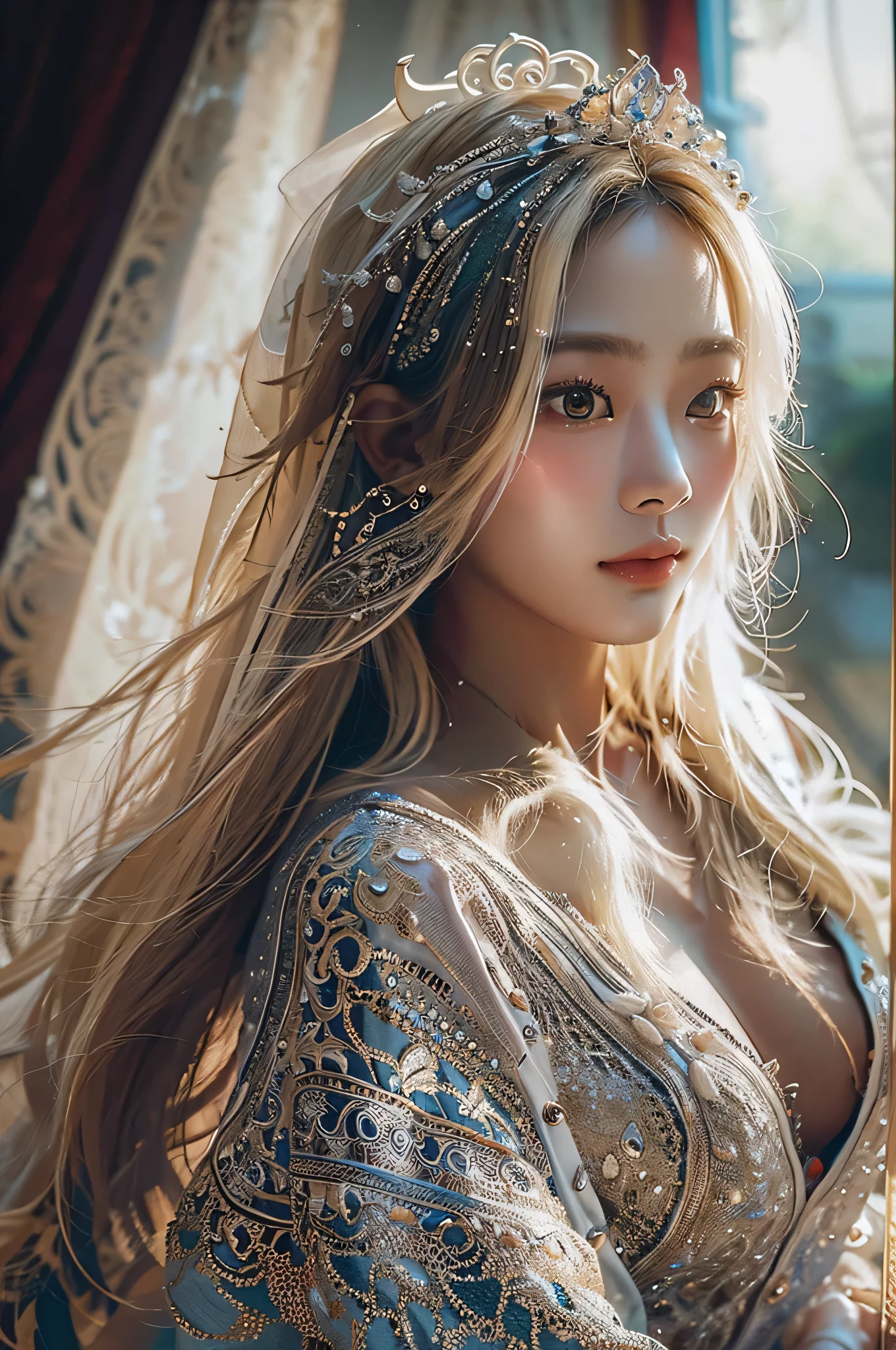 (highest image quality), (masterpiece), (vibrant, photography realistic, Realistic, Dramatic, Dark, Sharp focus, 8K), Highly detailed face and skin texture, sexy wedding dress, ethereal beauty, mature asian woman,blonde long hair, make up, sexy smile, nsfw ,Close up shot, ((backlight)), dinamic pose, masterpiece style, seductive