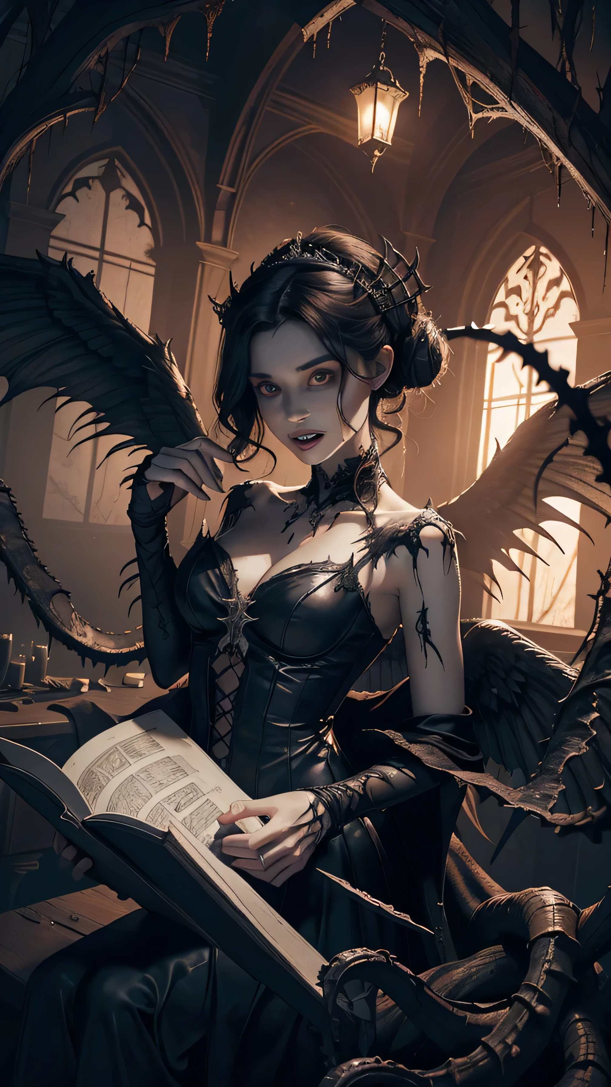 Fine matte painting, skeleton dark angel big wings haunted castle on drawing table full of knives, ghost realm, grave, horror, spooky, scary, secret horror, tentacles, vines, eyes, uncanny valley effect teeth, limbs, animals, blood moon
