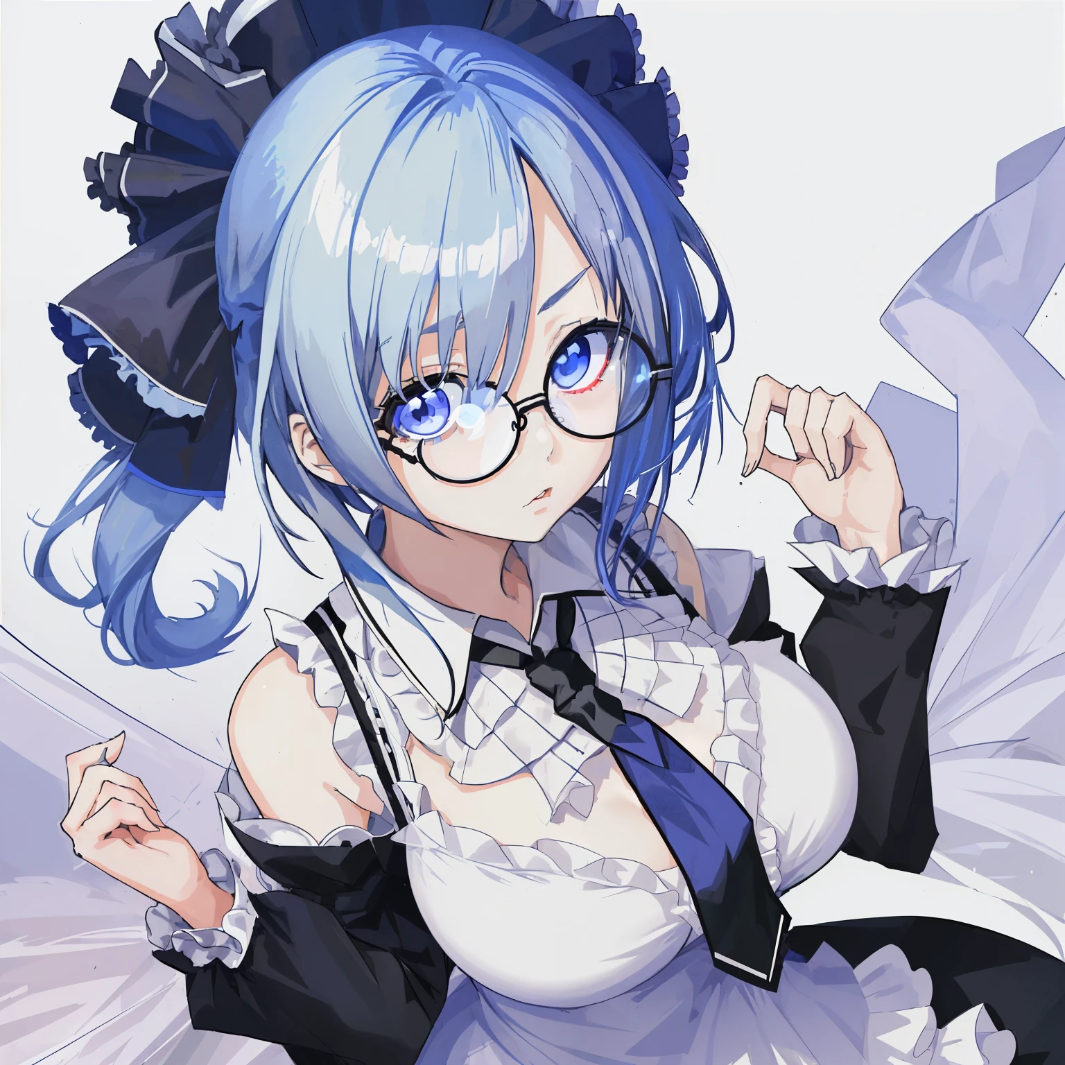 1girl, anime, white_eyes, blue_long_hair, asymmetrical_bangs, standing, looking at the viewer, big_breasts, black_glasses, frilly_white_dress, loose_black_necktie