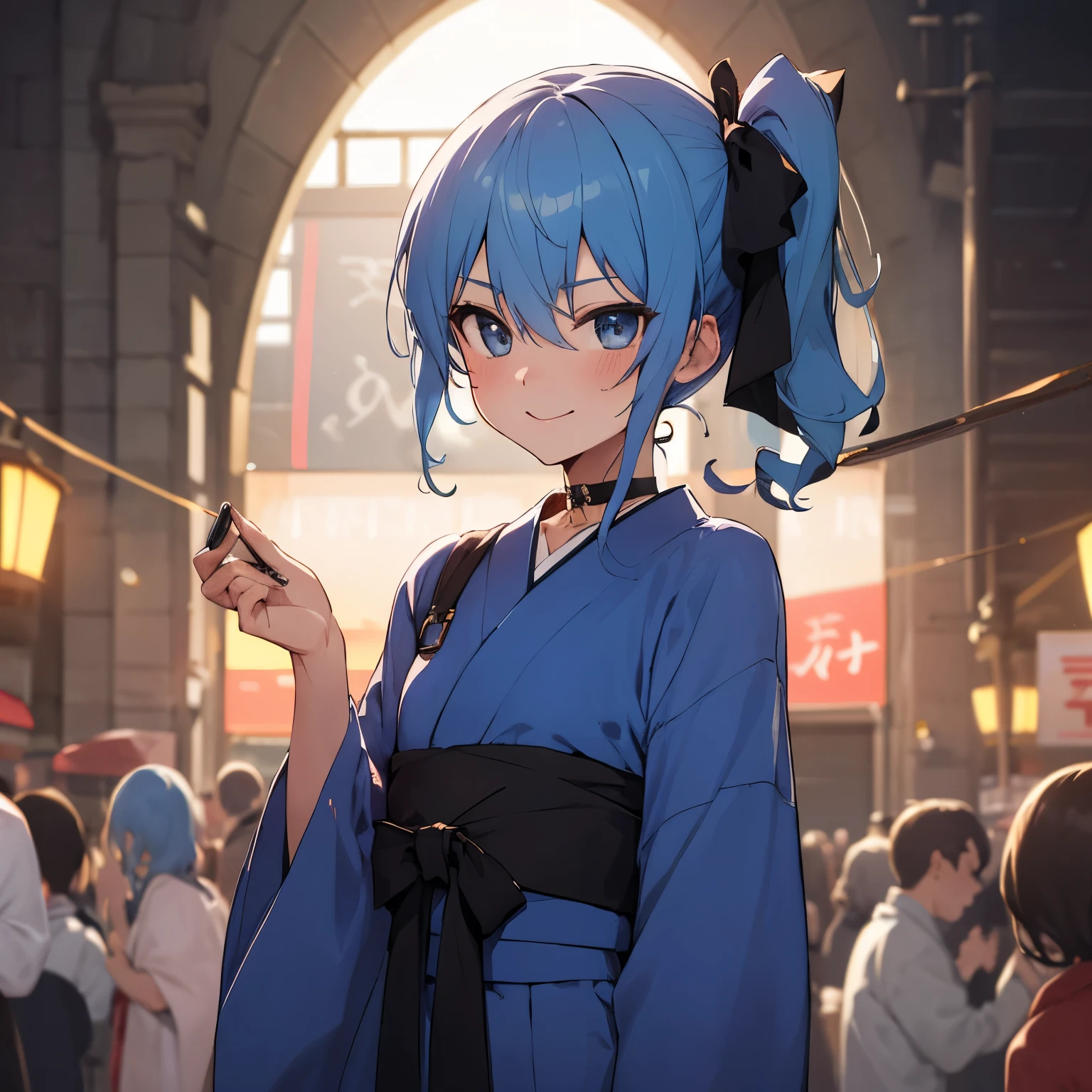 hoshimachi suisei,blue eyes,blue hair,choker,hair between eyes,medium hair,side ponytail,スターchoker, star piece:1.2), highest quality, High resolution,(thin and beautiful eyes:1.6),(perfect hands, perfect anatomy),(((masterpiece))),((highest quality)),shy smile,troubled face,blush,whole body,yukata,thin waist,Summer festival