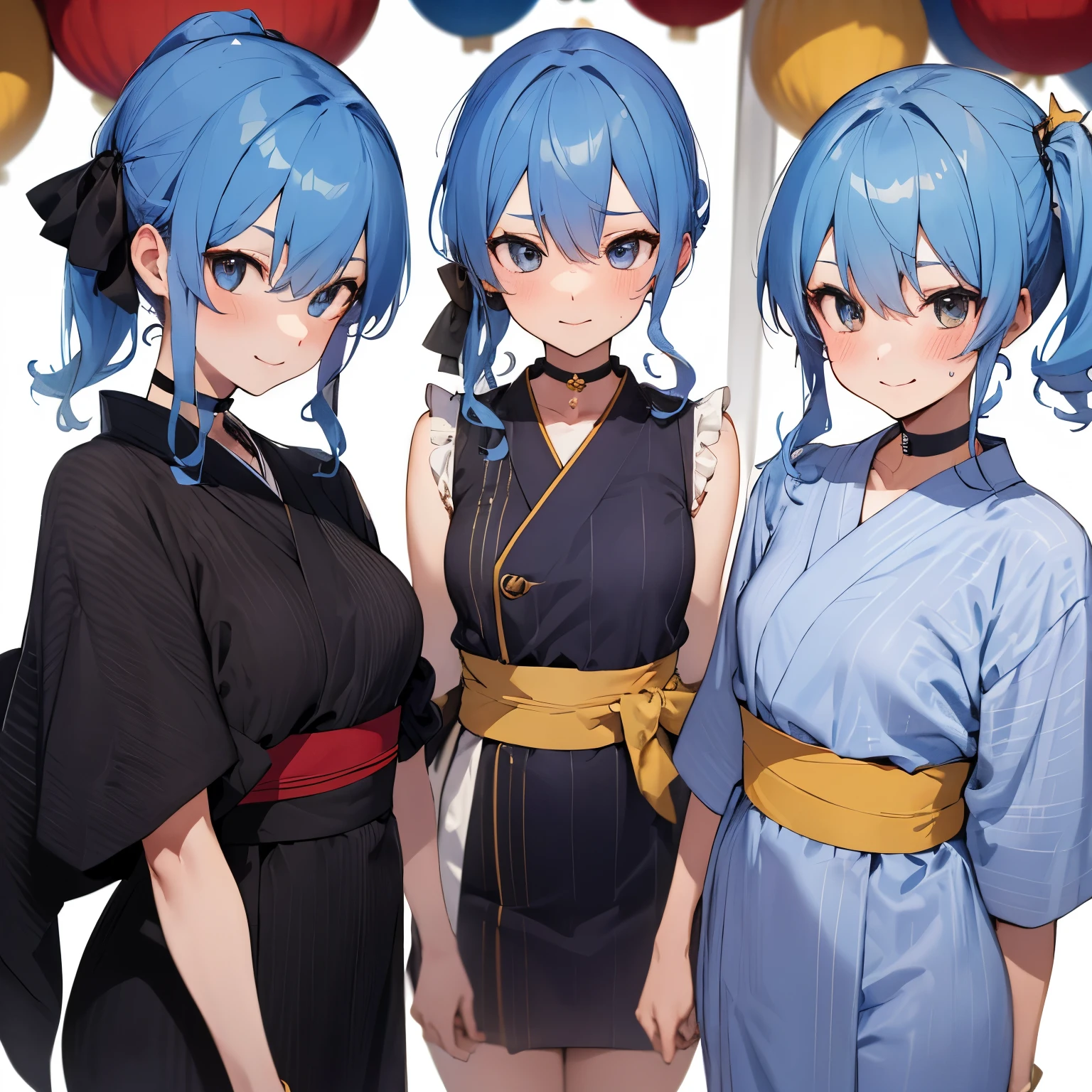 hoshimachi suisei,blue eyes,blue hair,choker,hair between eyes,medium hair,side ponytail,スターchoker, star piece:1.2), highest quality, High resolution,(thin and beautiful eyes:1.6),(perfect hands, perfect anatomy),(((masterpiece))),((highest quality)),shy smile,troubled face,blush,whole body,yukata,thin waist,Summer festival