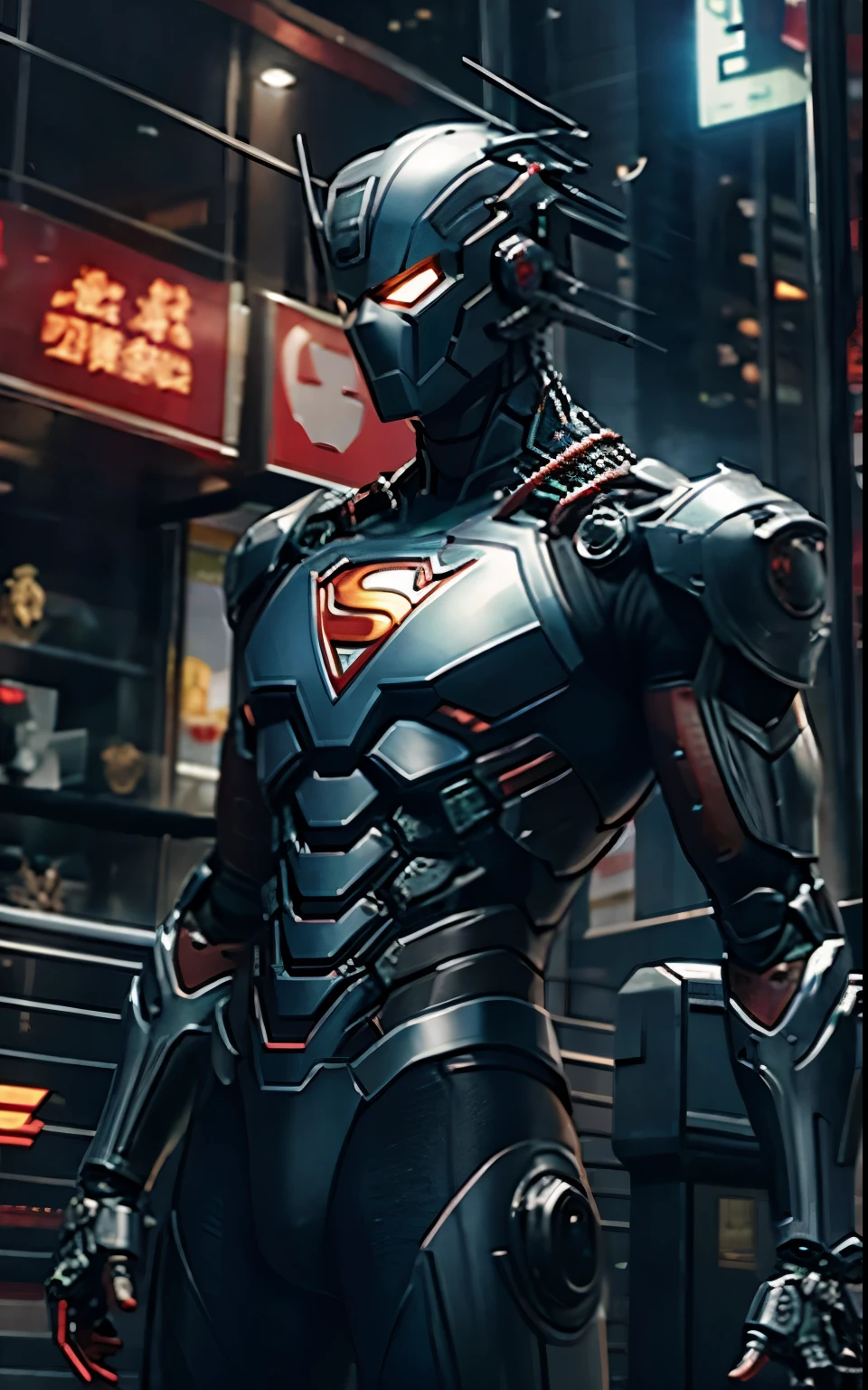 Portrait, Iron Superman from DC, biomechanical, complex robot, full growth, hyper-realistic, insane small details, extremely clean lines, cyberpunk aesthetic, masterpiece presented at Zbrush Central, gothic brutalist cathedral, cyberpunk, award-winning photo, bokeh, neon lights, cybernetic limb