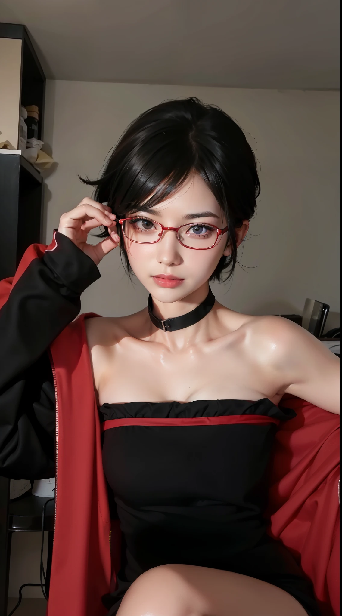 1girl, sarada uchiha in anime boruto, short hair, black hair, red eyes, smile, beautiful, sexy dress, sexy clothes, red clothes, wear red glasses, very big breast, realistic clothes, detail clothes, outdoor background, ultra detail, realistic