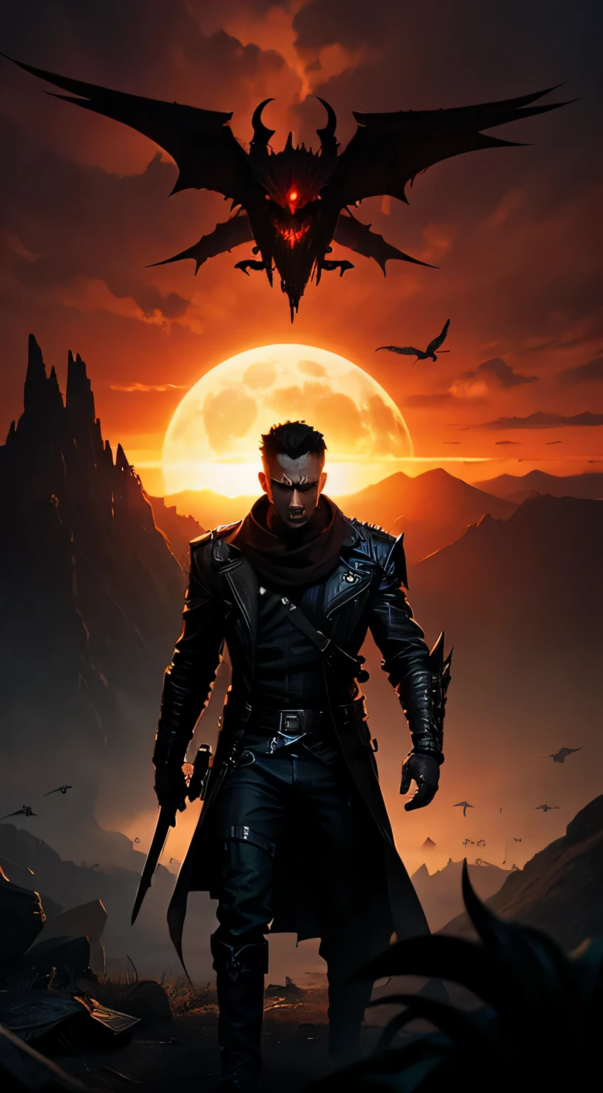motivation, dark,evil, scifi style, male,red, darker, dark background, evil character, horror style, fighting dark pit, dead monsters ,walley of dead sun , dark, mountains, graveyard