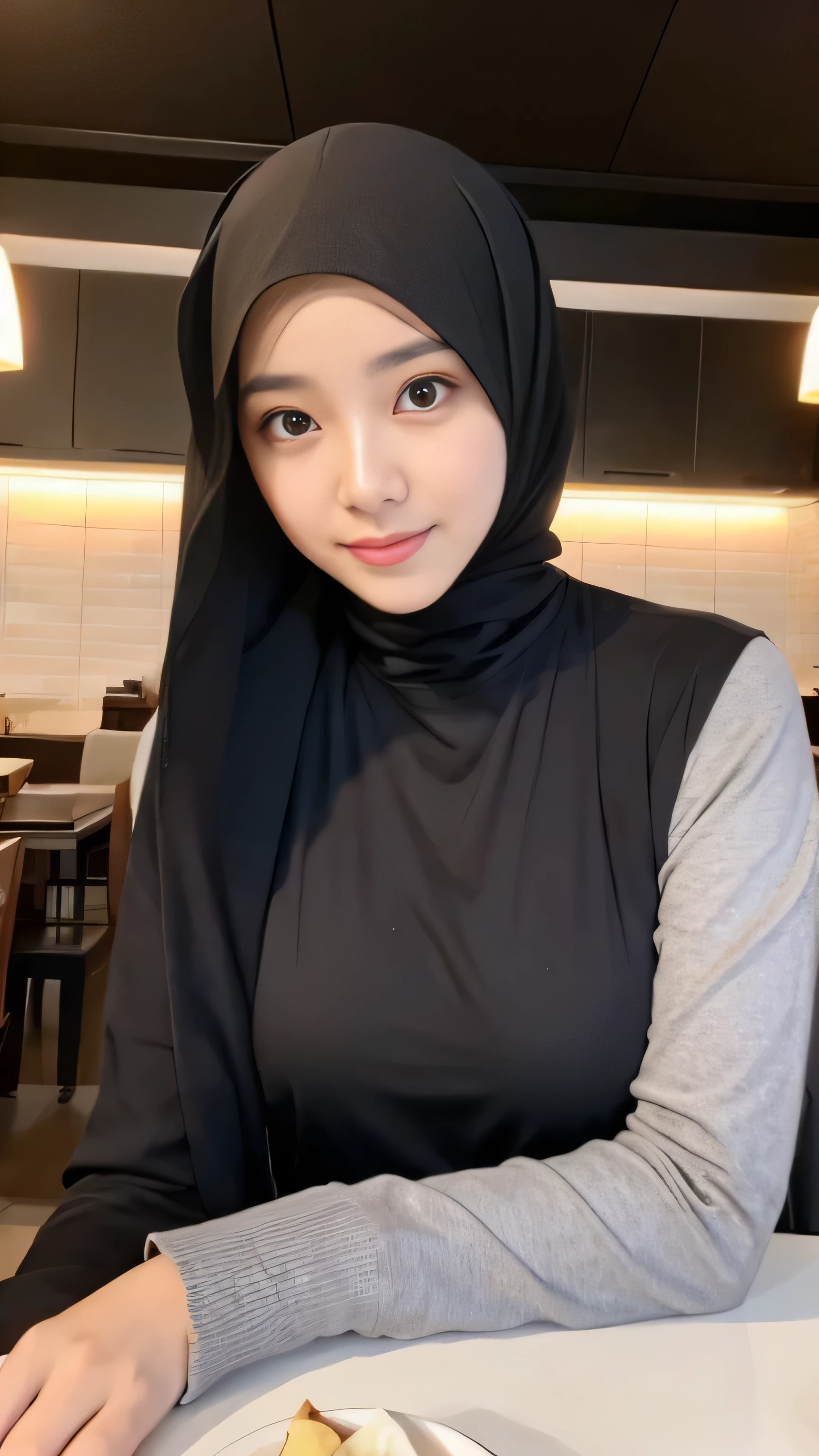 adorable, 1 girl, 10 years old, baby face, smile shy, full body portrait, (face details: 1), (eye details: 1). wearing random long shirt, long skirt, modern hijab colorful, (large breasts)... Rain, wet, closthes wet, Cute posed. proportional body. Ultra High Res. realistic: 1.4, UHD