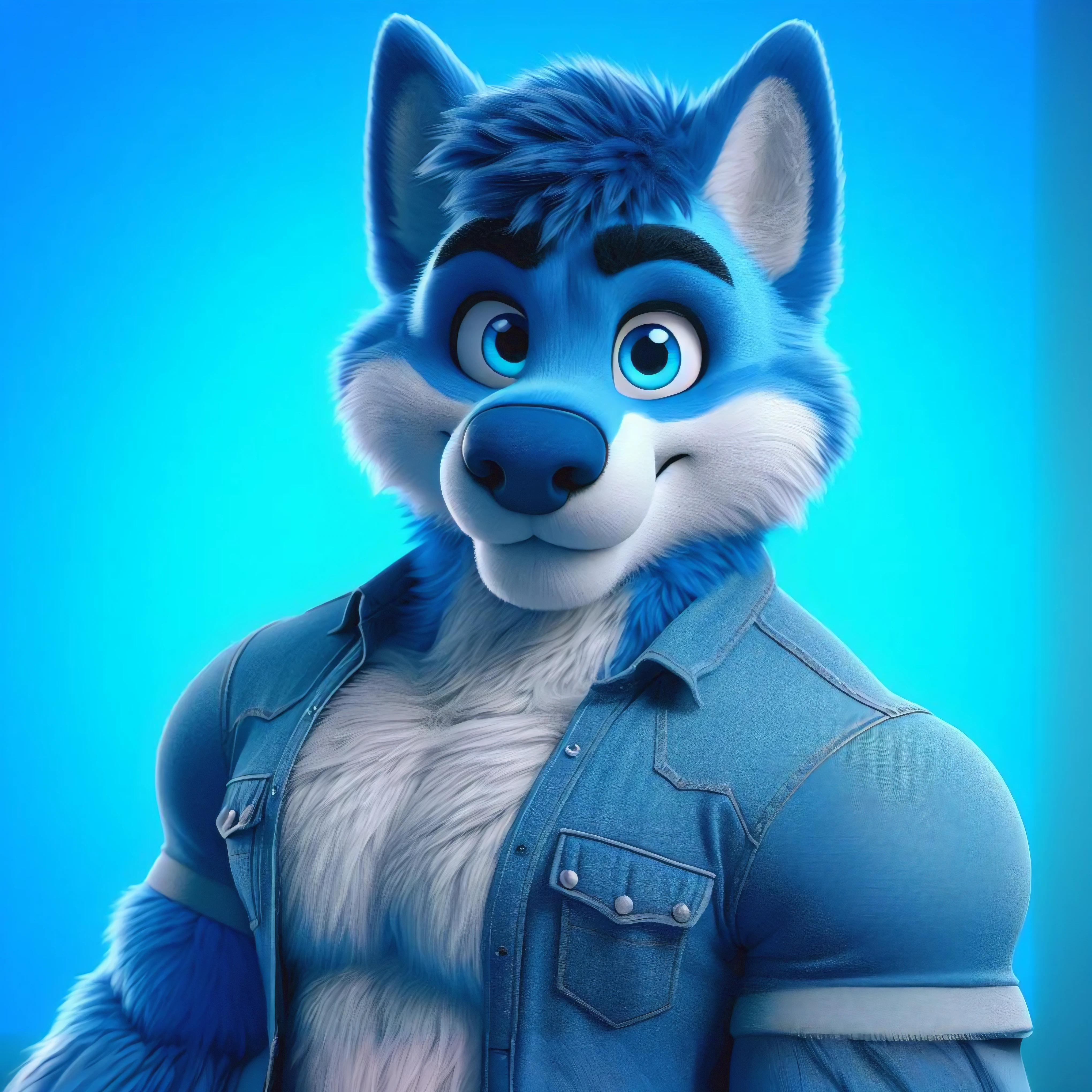 Make an image of a Disney Pixar style cartoon fantasy cute blue wolf,male full body a blue background, blue denim jacket, Disney studio, big blue eyes, beautiful image, cartoon, 3D style,
High detail. blue background muscular, Disney studio, ultra resolution, 16k