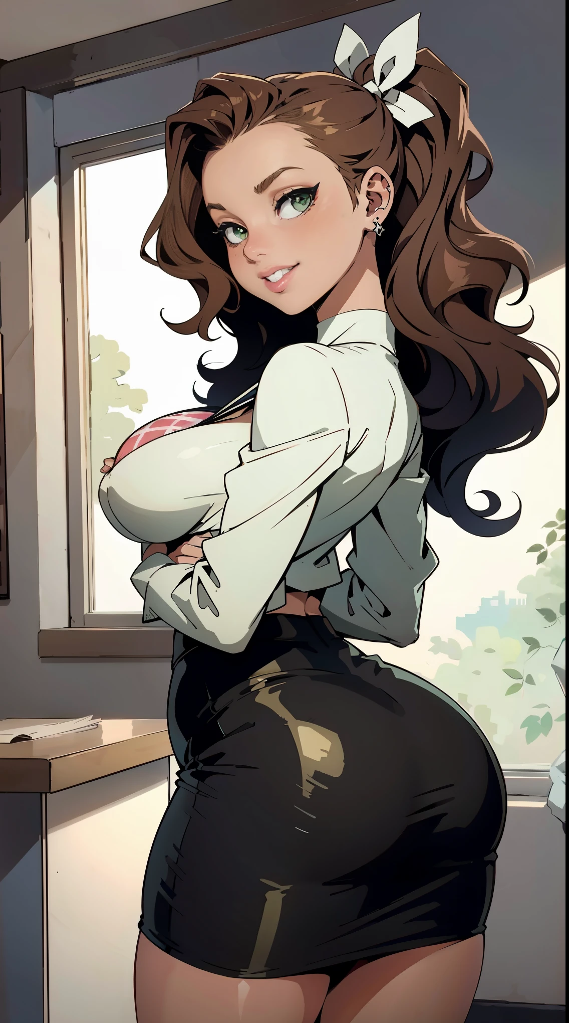 Best quality, solo mature woman, giant breasts, giant ass, very curvy, wavy hair in high pony, green eyes, full lips, seductive, pale yellow plaid blazer, white turtle neck, tight pencil skirt, hair bow, cute smile, curvy physique, flowery choker, multiple piercings, bimbo