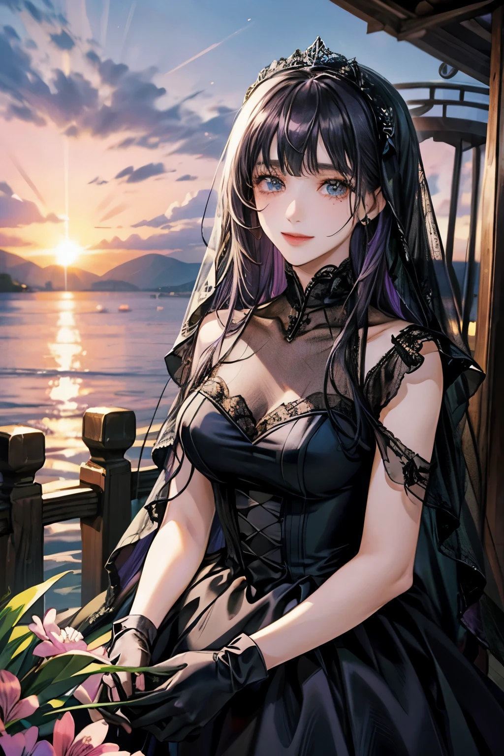 Ocean、droopy eyes、smile、17 year old female、Woman in black dress、((long hair girl))、ぱっつんbangsの女性、detailed face、((best image quality))、gloves、lace purple dress、veil、Ocean辺、Black and purple clothes、1 woman、alone、hair arrangement、bangs、beach、mole、mole、pink sky