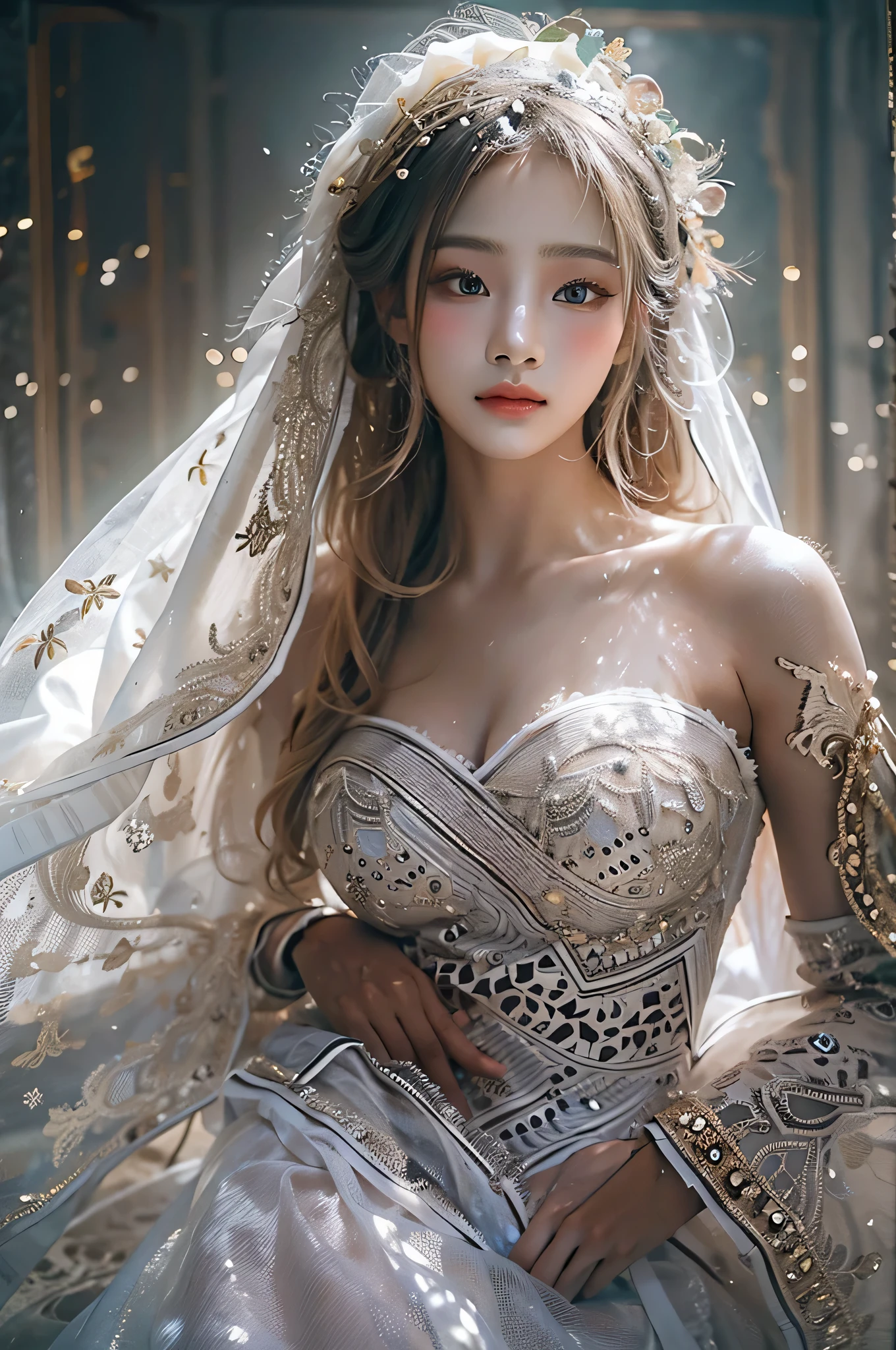Best Quality, masutepiece, hight resolution, 1girl in,china wedding dress,Hair Ornament,Necklace, Jewelry,Beautiful face,Inserting a into the_Body, Tindall Effect,Photorealistic, Dark Studio, Rim lighting, two tone lighting,(High detailed skin:1.2), 8K UHD, Digital SLR, Soft lighting, High quality, Volumetric lighting, Candid, photograph, High resolution, 4K, 8K, Bokeh