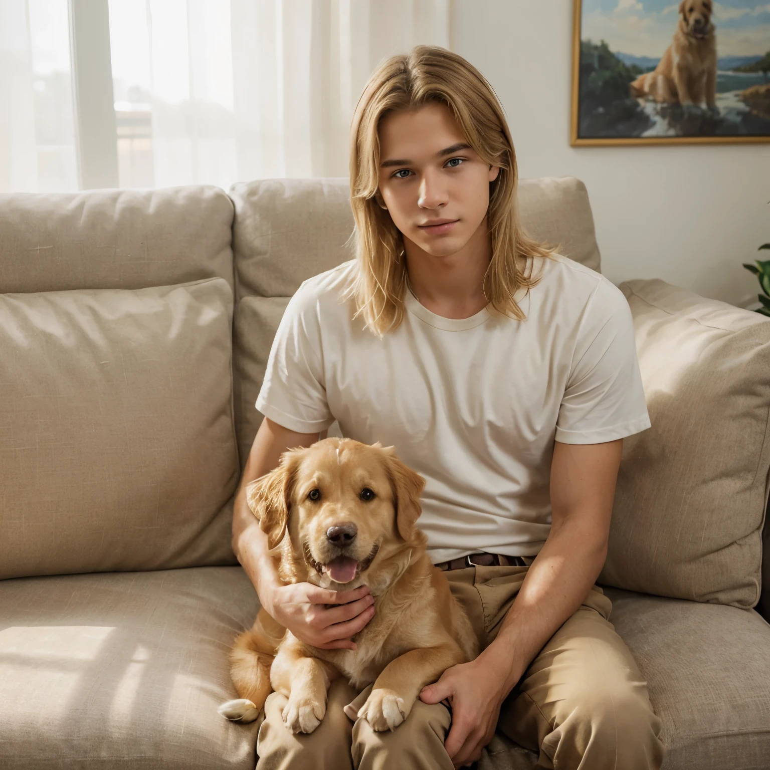 (medium:portrait,realistic:1.1) boy with blonde hair and light-colored eyes, sitting on a sofa, holding a Golden Retriever in his lap. (best quality,photorealistic) The boy has a charming smile, and his eyes are filled with warmth and kindness. He has tousled blonde hair that falls naturally around his face. The intricate details of his hair, including individual strands and highlights, are captured in this artwork. The boy is wearing a casual outfit, with a comfortable T-shirt and jeans. (ultra-detailed) His eyes are beautifully detailed, showcasing a mix of different hues that reflect his vibrant personality. The light from the room softly illuminates his face, highlighting his flawless skin and bringing out the delicate contours of his features.

The sofa is plush and inviting, upholstered in a rich fabric that adds a touch of elegance to the scene. The warm color of the sofa complements the boy's vibrant personality and creates a harmonious composition. As he sits, he gently cradles a Golden Retriever in his lap, their deep bond evident in their relaxed and affectionate posture. The Golden Retriever's soft fur is meticulously captured, with each individual strand visible and inviting to touch. (ultra-fine painting) The dog's expressive eyes mirror the boy's warm gaze, creating a captivating connection between the two subjects.

The artwork captures a moment of tranquility, with the boy and the dog enjoying each other's company in the comforts of their home. The lighting in the scene is soft and natural, casting gentle shadows that add depth and dimension to the composition. The overall color palette is warm and inviting, with a mix of earthy tones that evoke a sense of coziness and familiarity.

This portrait aims to convey the warmth, love, and companionship shared between a teenage boy and his beloved Golden Retriever. The attention to detail and the high level of realism in this artwork make it a true masterpiece, capturing not just the physical likene