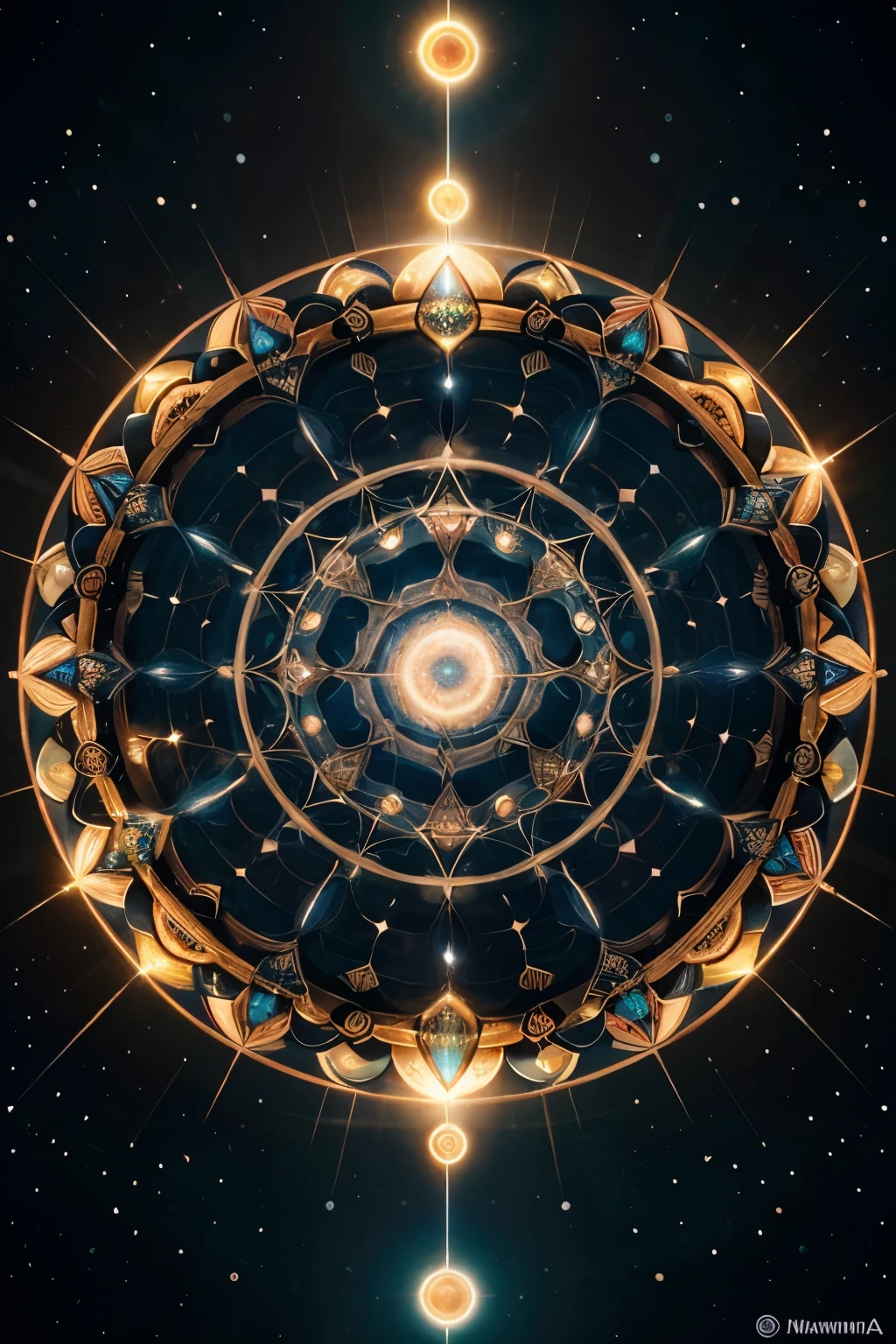 pulsating heart: No centro da mandala, um sol dourado irradia luz e calor, pulsating like the heart of a miniature universe. Its rays expand in all directions, weaving a multicolored spectacle that intertwines with the surrounding geometric patterns. Coro celestial: The edge of the mandala is adorned by a celestial choir of stars. Estrelas, moons and planets intertwine in a harmonious dance around the central sun, creating a cosmic spectacle of beauty and enchantment. Mar infinito: Um mar infinito de azul-marinho banha a mandala, intensifying the brightness of the colors inside and creating a feeling of immensity and mystery. Vibrant blue waves evoke the vastness of the ocean and the beauty of the unknown. Obra hipnotizante: "Arcturianas", uma mandala de autoria Arcturiana, encanta com seu design circular intrincado. Fine lines intertwine in a fluid pattern, forming a perfect composition of interconnected shapes and symbols. Sintonia universal: A mandala emana uma sintonia universal, onde cada elemento se encaixa perfeitamente, creating a sense of balance and harmony. A obra transcende a individualidade e conecta o observador com o cosmos em sua totalidade.