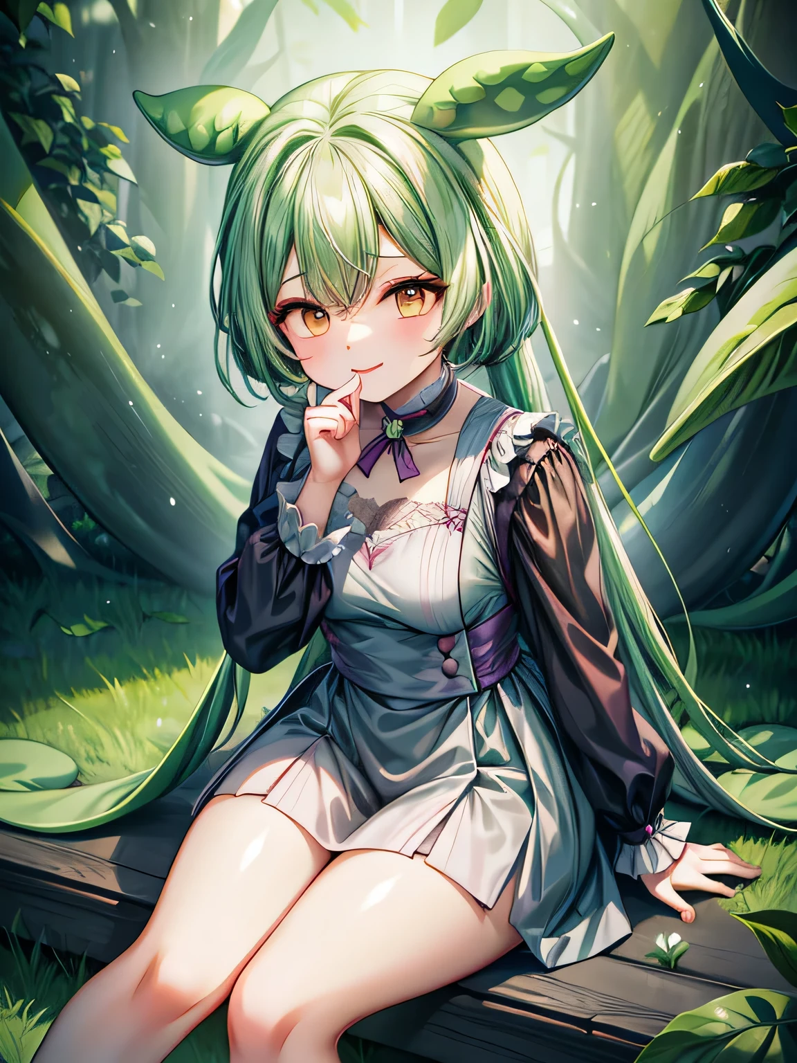 (masterpiece, highest quality),One adult girl sitting in a green flower field, dark green hair,eyes are yellow,mouth, lips, teeth, smile, place your hand under your chin, warm lighting, white dress,waist , thick legs, thick thighs