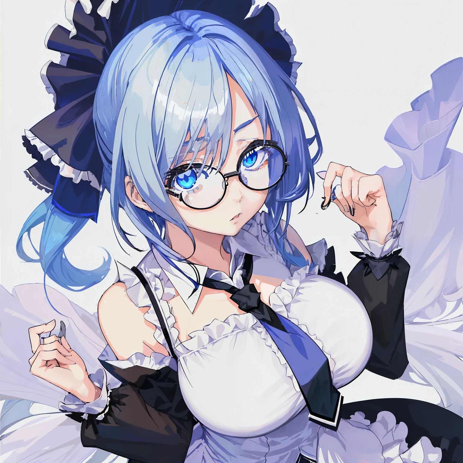 1girl, anime, white_eyes, sky_blue_long_hair, asymmetrical_bangs, standing, looking at the viewer, big_breasts, black_glasses, frilly_white_dress, loose_black_necktie