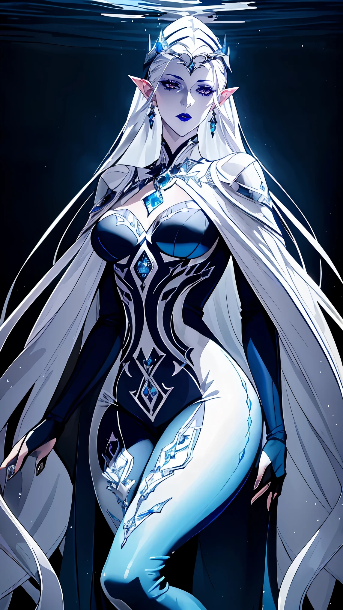 Illustration of a masterpiece featuring a solitary, elegant mature beauty standing in an underwater kingdom , Outdoor , Dressed in a white outfit  , wearing a lot  of silver jowelery on her with transparent  shiny long sleeves and cape , transparent fluffy long hem, jowelery hanging on the chest , silver shocker, teardrop accessories,  silver white pants, silver heeled boots wears a lot of accessories, exudes a cold expression, solemn expression, lips closed, Her long, white hair, with side locks and midnight blue streaks adorned with silver circlet . (Slitted Sharp silver pale eyes) , heavily lined with midnight-blue eyeliner and eyeshadow, dark midnight lipstick on the lips, hold a piercing gaze. face characterized by best quality, hyper-detailed features, showcases charming patterns, broad and delicate shoulders, and very small breasts , flat chest. A small, blue teardrop tattoo on her forehead, long eyelashes , water theme , beautiful merfork_landscape, (((pale eyes , sharp eyes , silver pupils))) , (((dark_midnight blue lipstick))) blue claws , water magic, hydro , underwater , water goddess , small pointy ears