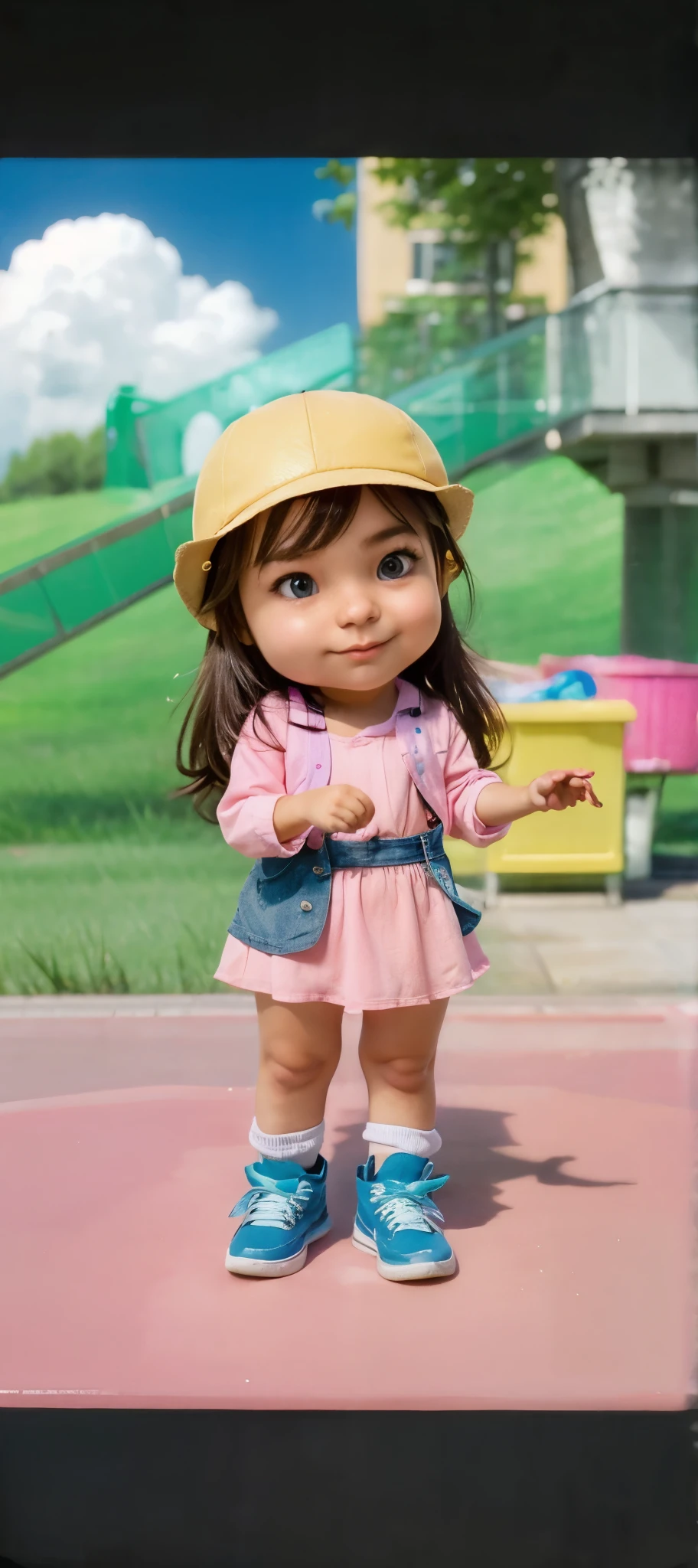 ne woman, yellow hat, wearing pink clothes and blue shoes