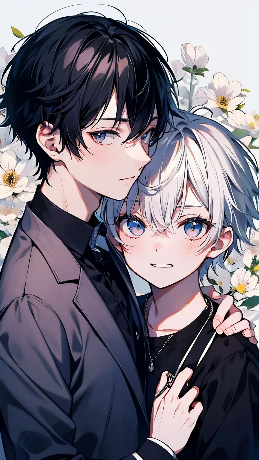 very detailed, ((two friendly men)), perfect face, beautiful face, very detailed顔，(black haired man:1.3)，(white haired man:1.3)，suit，shirt，smile，flower