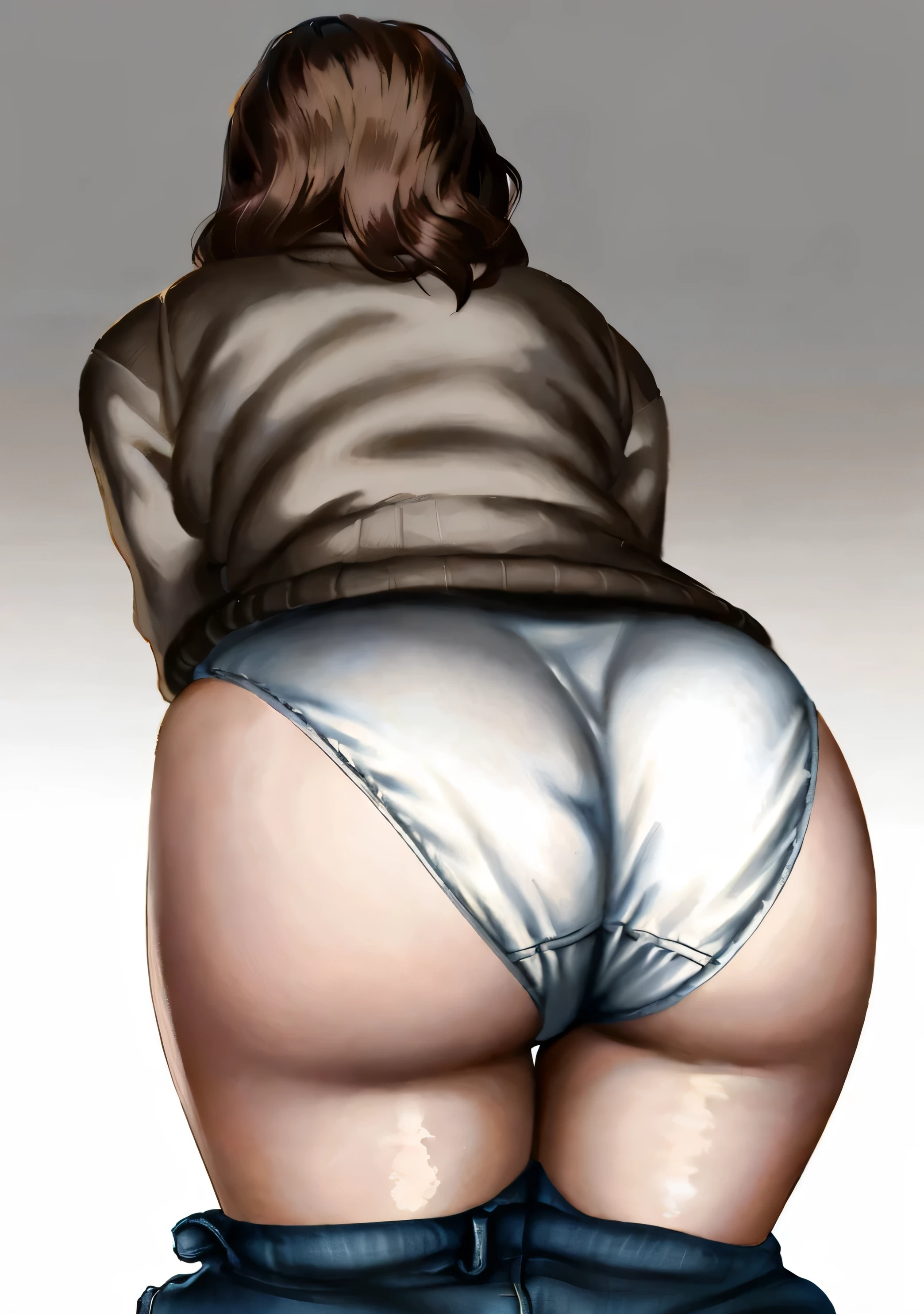 ((masterpiece, best quality)), ((34 year old)), (((Curvy))), (((Japanese woman with messy brown hair)), in beige sweater, ((white fullback cotton panties)), (blue jeans pulled down), (((Large Hips))), ((looking completely forward)), ((Back towards camera)), ((bending over)), ((((realistic art style, 50's pinup art))))