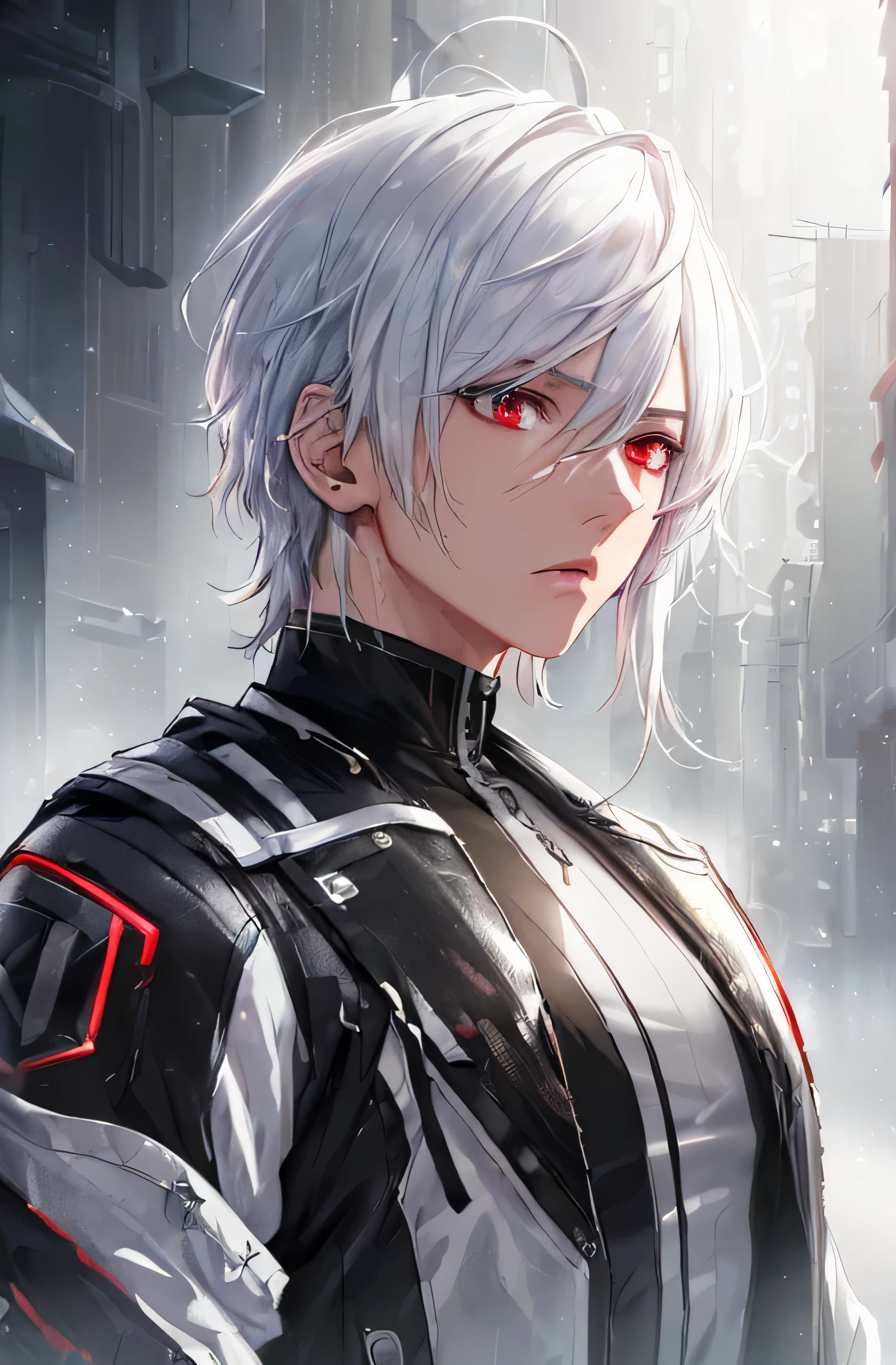 (best quality,4K,8K,high resolution,chef-d'artwork:1.2),ultra-detailed,realistic,(animated:1.1) conception,(personnage,male,Hommes,Un seul personnage),(beau:1.1),(Art parfait:1.1),(cheveux blancs:1.1),(les yeux rouges:1.1),(black clothing:1.1),(fond d'screen:1.1),(animated style:1.1),(androgyne:1.1),(Grande veste:1.1),(portraits:1.1),(Couleurs vives:1.1),(Sharpness:1.1),(Peinture ultra fine:1.1),(artistes conceptuels:1.1),(HDR:1.1),(UHD:1.1),(Studio lighting:1.1),(PHYSICALLY BASED RENDERING:1.1),(extremely detailed description:1.1),(professionnel:1.1),(horreur:1.1),(paysage:1.1),(Science-fiction:1.1),(la photographie:1.1),(Bokeh:1.1),(colored:1.1),(soft lighting:1.1), coupe de cheveux moyenne, grande veste blanche, cheveux lisses, androgyne, male character, veste cyberpunk, veste sombre, De meilleurs yeux, High definition eyes, les yeux rouges